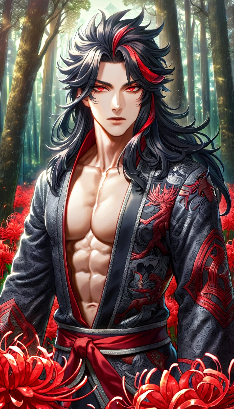absurdres, highres, ultra detailed, HDR, master piece, best quality, perfect face, beautiful eyes, realistic face, Luo Binghe, black long hair, without bangs, expressive red eyes, Scumbag System, solo, sexy man, handsome, red lotus tattoo on the forehead, black and red robes, patterns, accessories, toned chest, cherry blossoms, pink petals, pink flowers, pink butterflies, Chinese ambiance