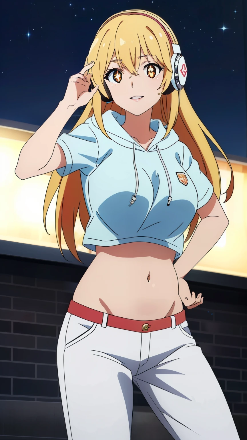 (highest quality, High resolution, 8k, masterpiece: 1.2), Very detailed, (Anime), Misaki Shokuhou, orange eyes, (pupils sparkling:1.2), Beautiful character design, Perfect eyes, Perfect face, Expressive eyes, Perfect balance, smile, blonde, Long Hair, large breast, (hip hop dancer style, headphones, pants, hooded sweatshirt, colorful shirt, belly button, natural lips, city, night, dynamic Pose:1.2),  looking at the camera,(cowboy shot), The gaze camera focuses on the center of the image,