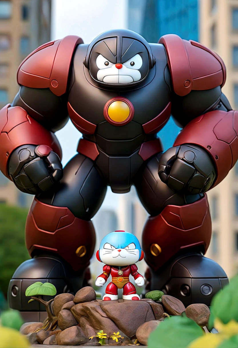 a small rusty black hulkbuster x doraemon figure, wear dirty cloak, IN THE CITY PARK, black steel mecha accent, hero pose, bird eye view, holding a sword, dieter ram style, trees