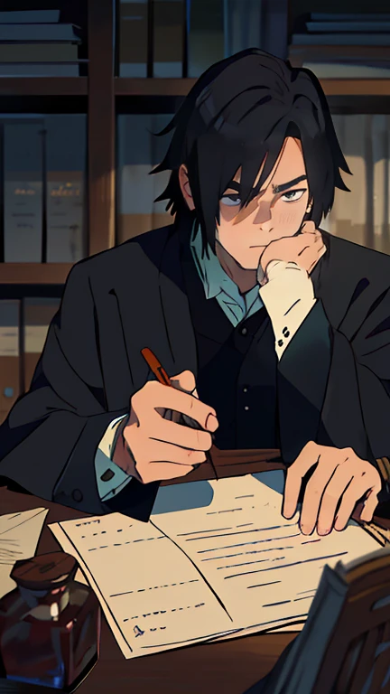 1 man, young man, Severus snape, sitting at desk, writing on paper, open books on desk, looking at viewer, annoyed look, handsome, slight blush, potion bottles in background