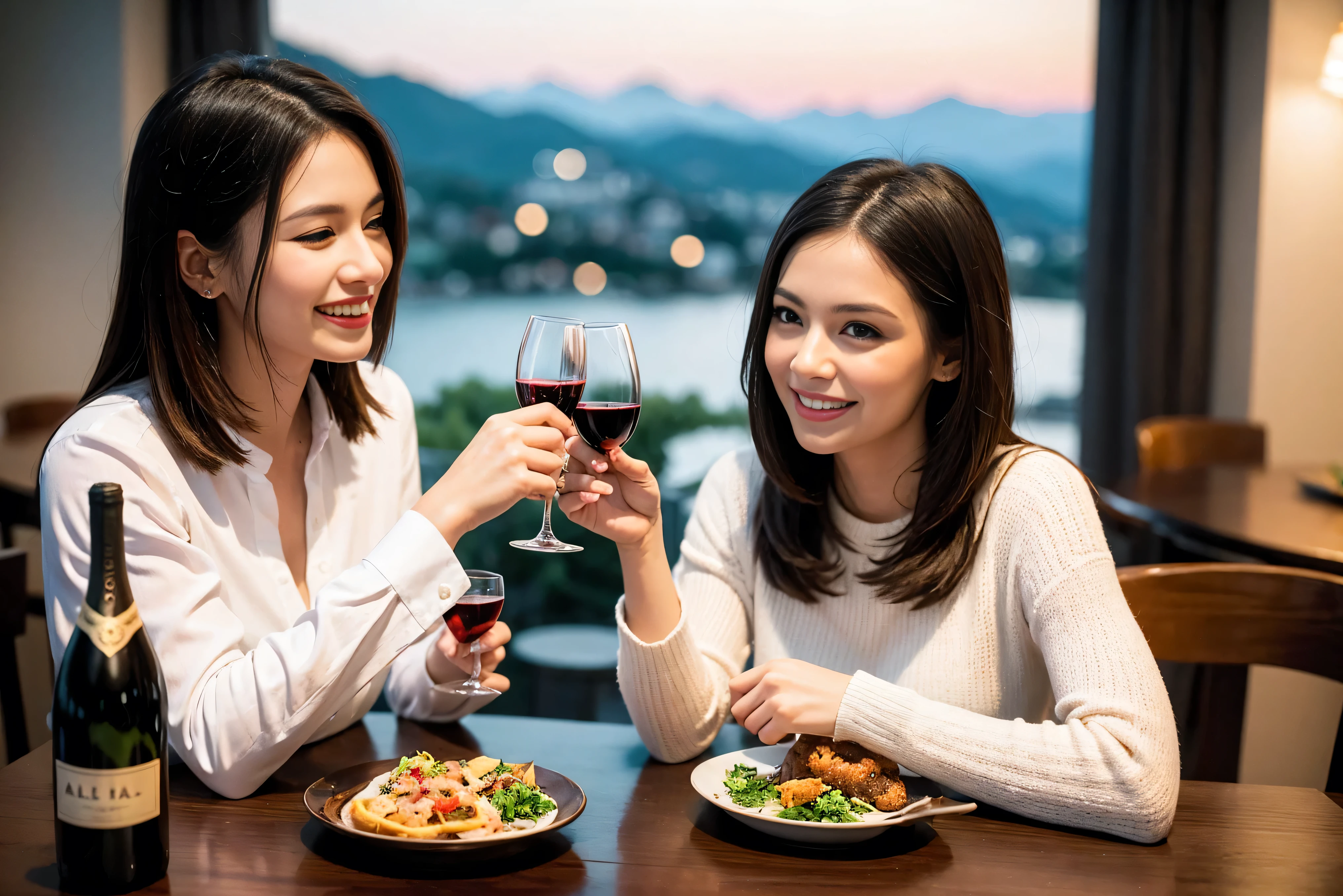 ((highest quality、8k、masterpiece:1.3))、1 male、1 female、Spouse、Beautiful couple、smile、 (Slim face), (the body is スリム), (Brown Hair), (Shortcuts), ((Bob Hale、Straight hair:1.2)), Wine glass on the table、Please shine a light on my face、 Amazing view of the sunset sky and clouds、Amazing mountain views、The beauty of a smile、Bright image、Blushing, Shortcuts,Bright Face、 (42 years old), 39 years old, red wine 、Appetizers、Italian food、Wine bottle、Champagne、sparkling wine、Long sleeve shirt、dress、Attractive beauty、restaurant, Nova Frog Style, actress, model, Upper Body, White wine, red wine, wine glass, 