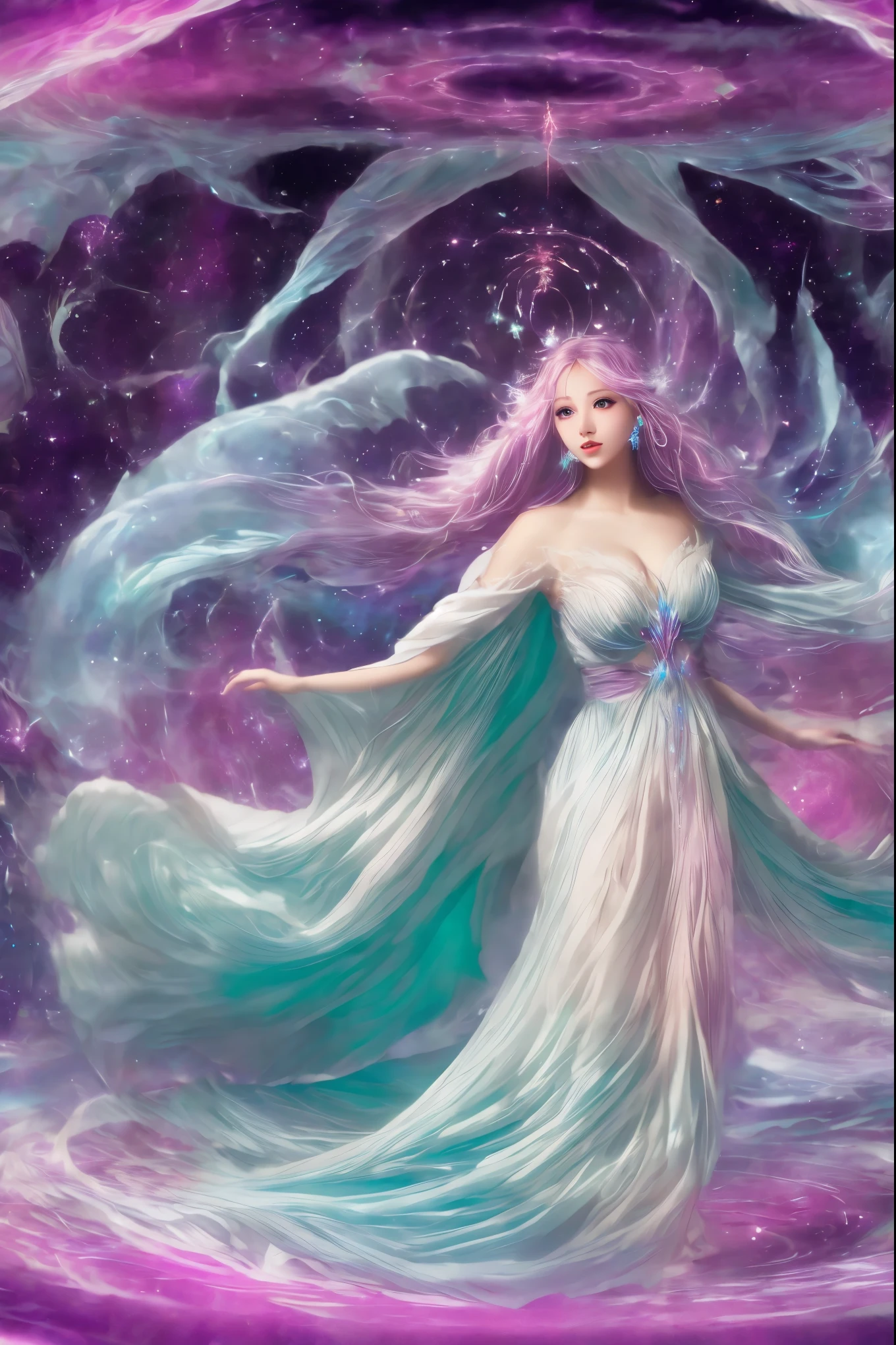 a woman in a long dress is standing in a swirling vortex, astral ethereal, flowing magical robe, channeling swirling energy, astral appearance, wearing flowing robes, portal to the ethereal realm, ethereal and otherworldly, strange ethereal being, flowing robes, swirling magical energy, an interdimensional being, beautiful celestial mage, ethereal angelic being of light