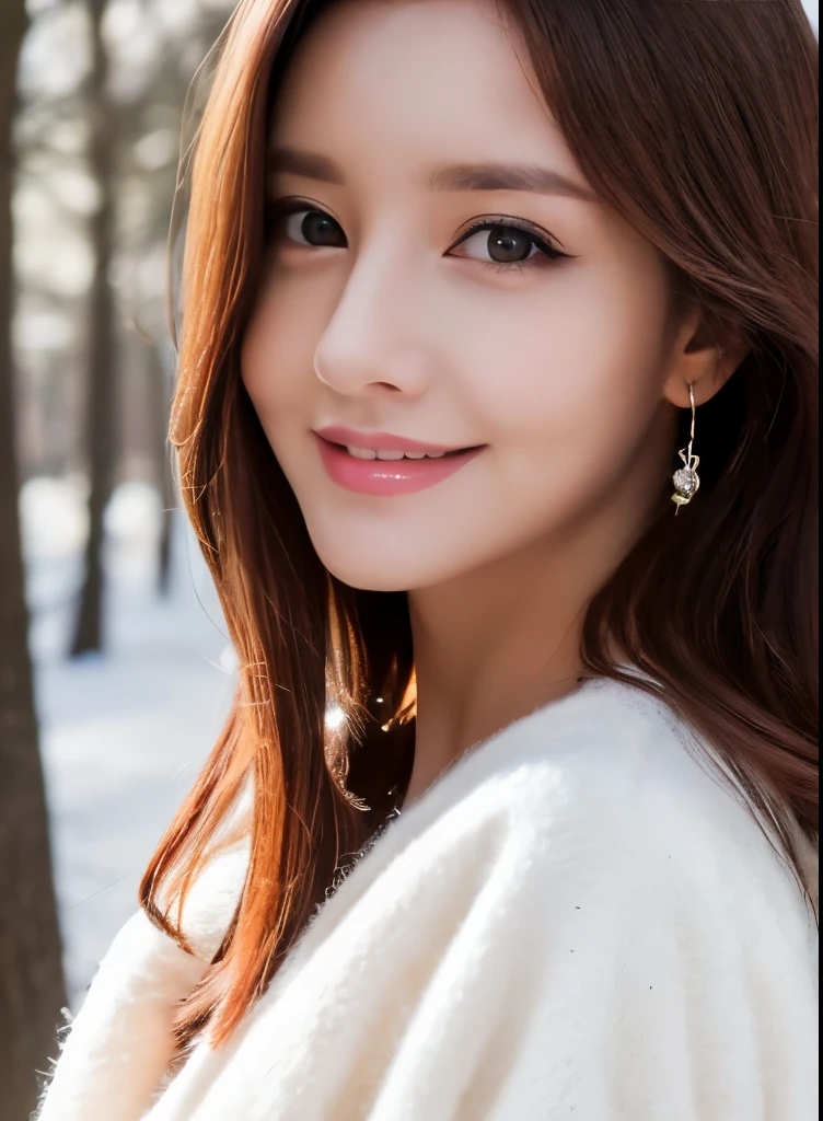 1girl in, (Wearing a white coat:1.2), (Raw photo, Best Quality), (Realistic, Photorealsitic:1.4), master piece, close up,Extremely delicate and beautiful, Extremely detailed, 2k wallpaper, amazing,((white sweater)) ,finely detail, the Extremely Detailed CG Unity 8K Wallpapers, Ultra-detailed, hight resolution, Soft light, Beautiful detailed girl, extremely detailed eye and face, beautiful detailed nose, Beautiful detailed eyes, Cinematic lighting, Winter Night View, Perfect Anatomy, Slender body, ((soft smiling)),((winter, in forest, woods)), snowfall,