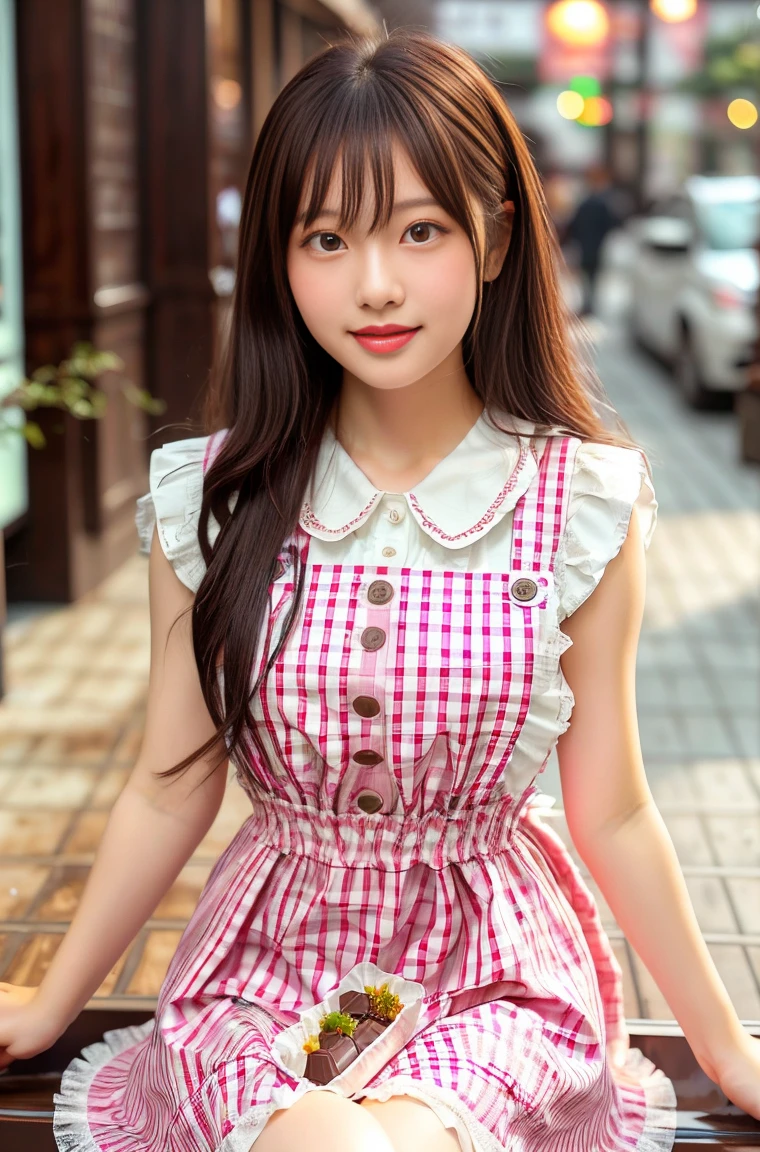 (masterpiece, highest quality:1.2), One girl, woman, 23 years old、 cute、(cuteメイド服を着ている), (Pink gingham check maid outfit:1.5)) Idol Style、smile、(おしゃれでcute喫茶店内:1.4)、whole body、(He brought me a tray of chocolate mint juice..;1.4)