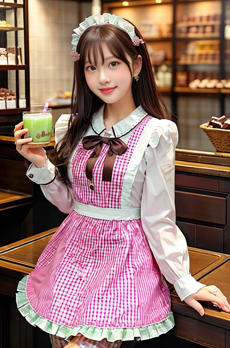 (masterpiece, highest quality:1.2), One girl, woman, 23 years old、 cute、(cuteメイド服を着ている), (Pink gingham check maid outfit:1.5)) Idol Style、smile、(おしゃれでcute喫茶店内:1.4)、whole body、(He brought me a tray of chocolate mint juice..;1.4)