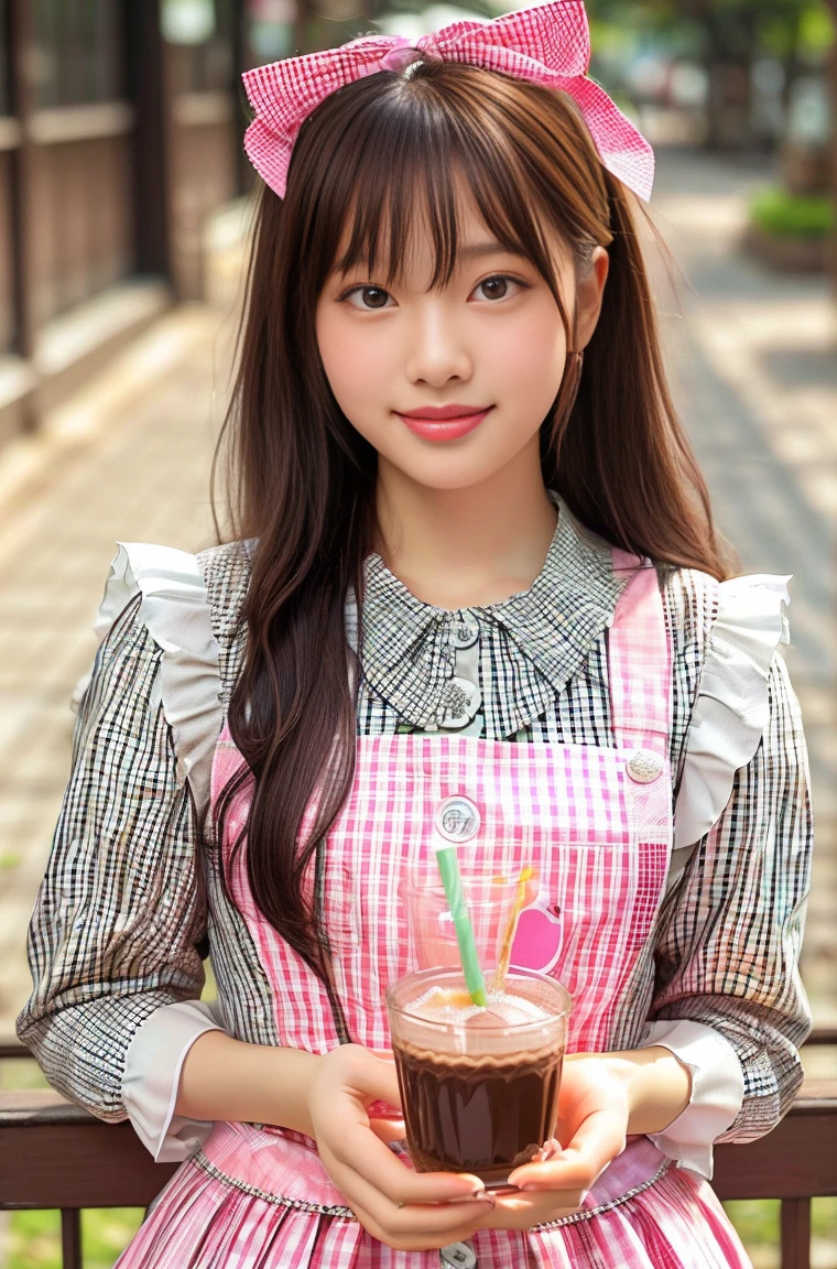 (masterpiece, highest quality:1.2), One girl, woman, 23 years old、 cute、(cuteメイド服を着ている), (Pink gingham check maid outfit:1.5)) Idol Style、smile、(おしゃれでcute喫茶店内:1.4)、whole body、(He brought me a tray of chocolate mint juice..;1.4)