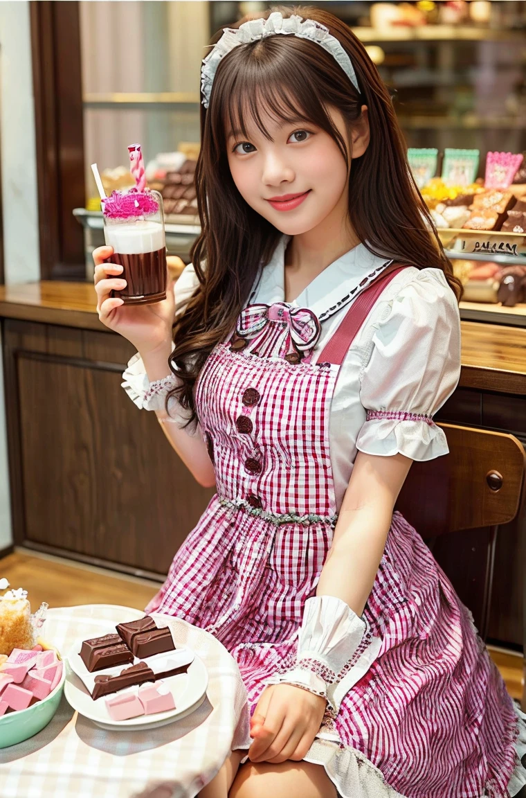 (masterpiece, highest quality:1.2), One girl, woman, 23 years old、 cute、(cuteメイド服を着ている), (Pink gingham check maid outfit:1.5)) Idol Style、smile、(おしゃれでcute喫茶店内:1.4)、whole body、(He brought me a tray of chocolate mint juice..;1.4)