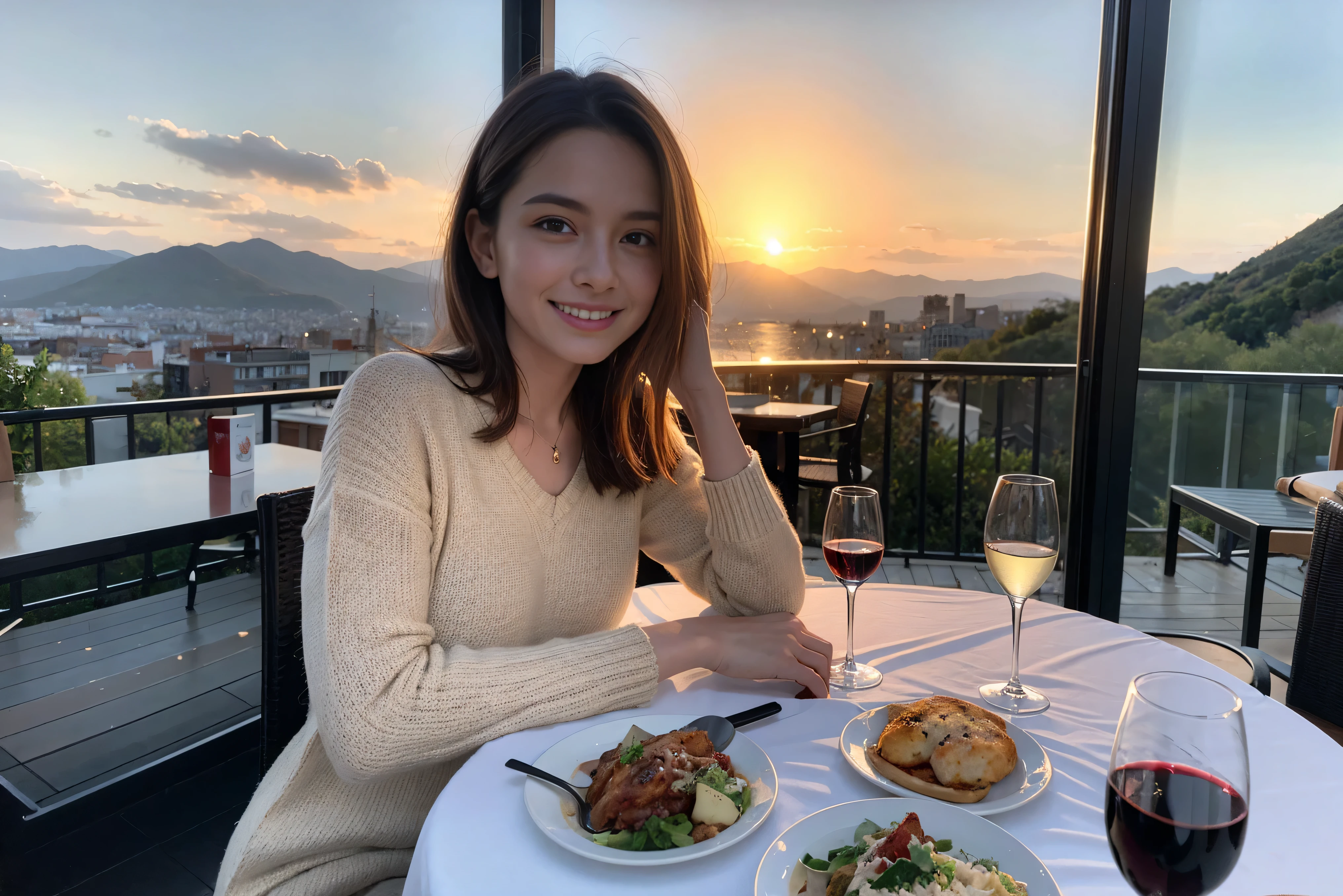 ((highest quality、8k、masterpiece:1.3))、1 male、1 female、Spouse、Beautiful couple、smile、 (Slim face), (the body is スリム), (Brown Hair), (Shortcuts), ((Bob Hale、Straight hair:1.2)), Wine glass on the table、Please shine a light on my face、 Amazing view of the sunset sky and clouds、Amazing mountain views、The beauty of a smile、Bright image、Blushing, Shortcuts,Bright Face、 (42 years old), 39 years old, red wine 、Appetizers、Italian food、Wine bottle、Champagne、sparkling wine、Long sleeve shirt、dress、Attractive beauty、restaurant, Nova Frog Style, actress, model, Upper Body, White wine, red wine, wine glass,