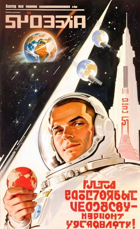 USSR propaganda of a man in a spacesuit with a model of the Earth in his hands, 1 9 6 0 s soviet poster, soviet advertisement, / надпись Glory to Soviet science!/ 1 9 6 0 s space girl, soviet propaganda art, Soviet propaganda poster, Vostok-1, soviet poster, 1962 soviet, soviet propaganda poster style, Soviet-era propaganda poster, 1968 soviet