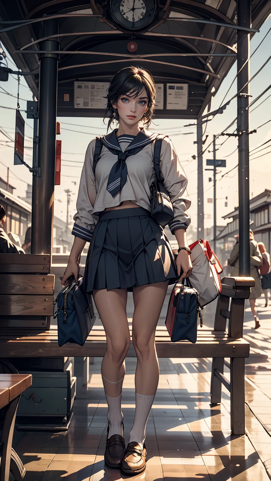 Japanese women、high school girl、White sailor suit summer uniform、Navy low rise pleated skirt、ヘソI can see、White socks、loafers、Carrying a school bag、地平線I can see海の近く、Mont Saint-Joseph in the distance＝Michelle（Mont Saint-Michel）I can see、Bus stop in the countryside、Sitting on an old plastic couch