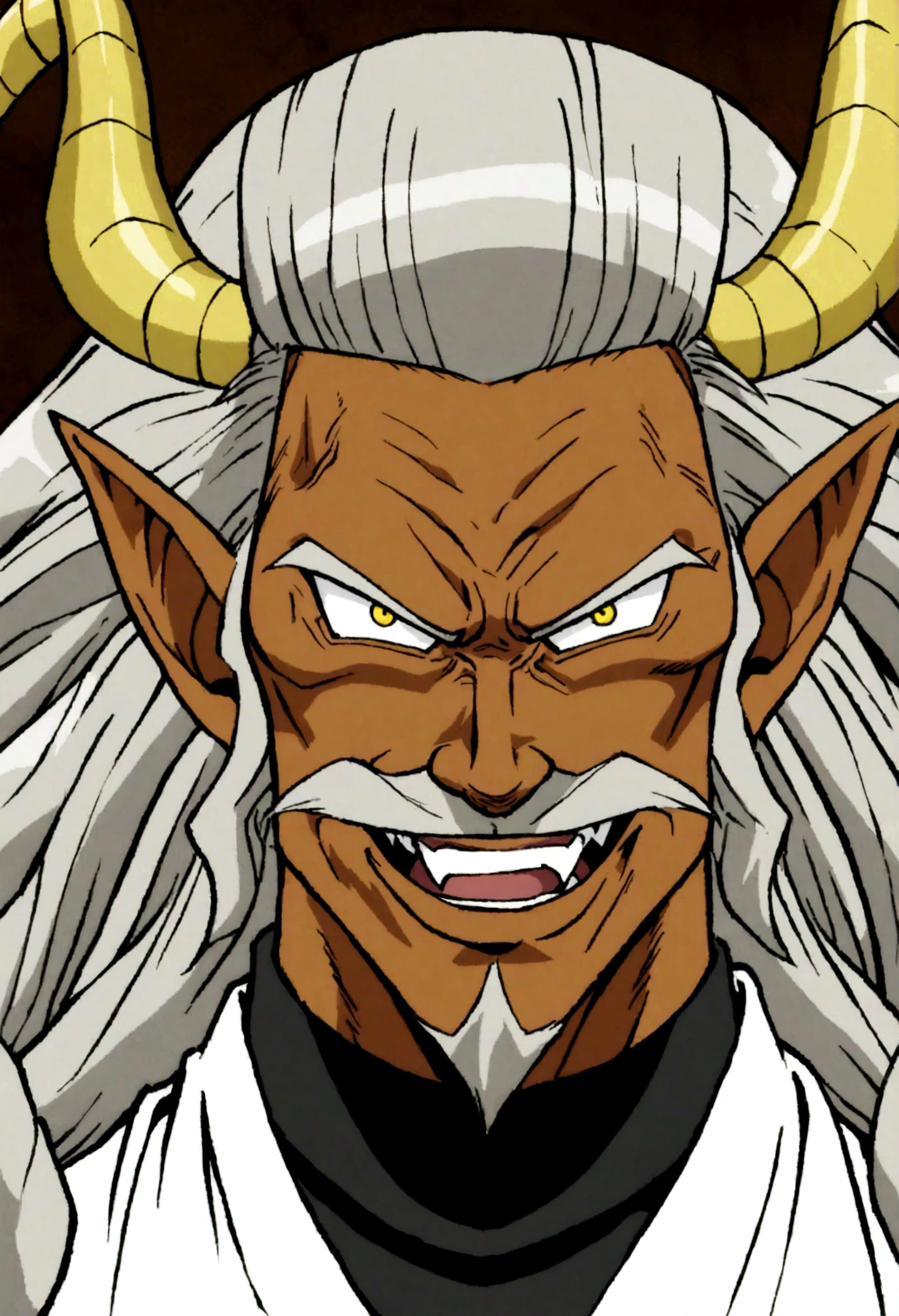 a older man with wrinkles and brown skin, gothic clothing, short curly black and gray hair with goatee and mustache, curly ram horns, pointed ears, evil, smile with fangs, orange and yellow eyes, 1990s anime style, akira toriyama style
