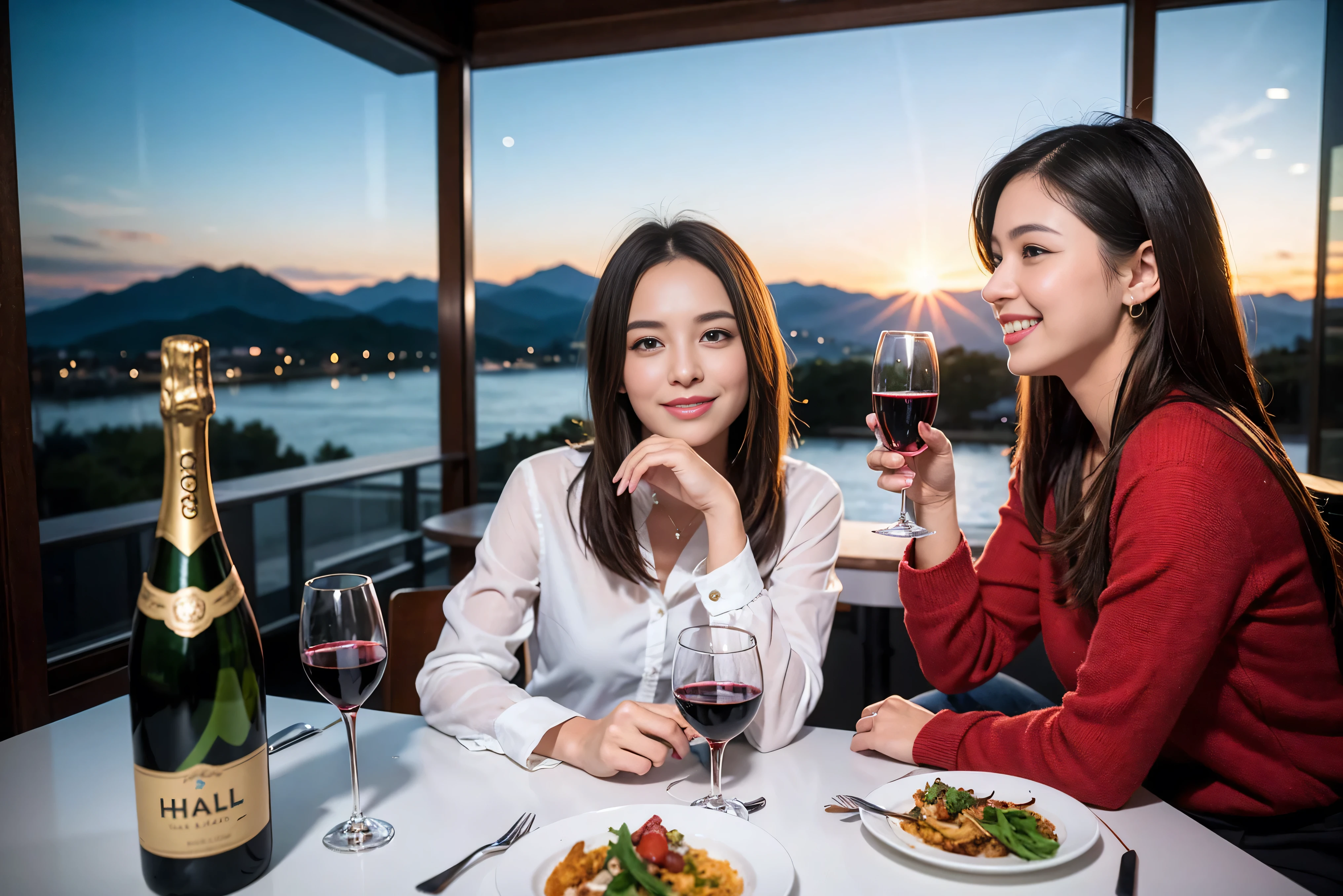 ((highest quality、8k、masterpiece:1.3))、1 male、1 female、Spouse、Beautiful couple、smile、 (Slim face), (the body is スリム), (Brown Hair), (Shortcuts), ((Bob Hale、Straight hair:1.2)), Wine glass on the table、Please shine a light on my face、 Amazing view of the sunset sky and clouds、Amazing mountain views、The beauty of a smile、Bright image、Blushing, Shortcuts,Bright Face、 (Age 35), 39 years old, red wine 、Appetizers、Italian food、Wine bottle、Champagne、sparkling wine、Long sleeve shirt、dress、Attractive beauty、restaurant, Nova Frog Style, actress, model, Upper Body, White wine, red wine, wine glass, 