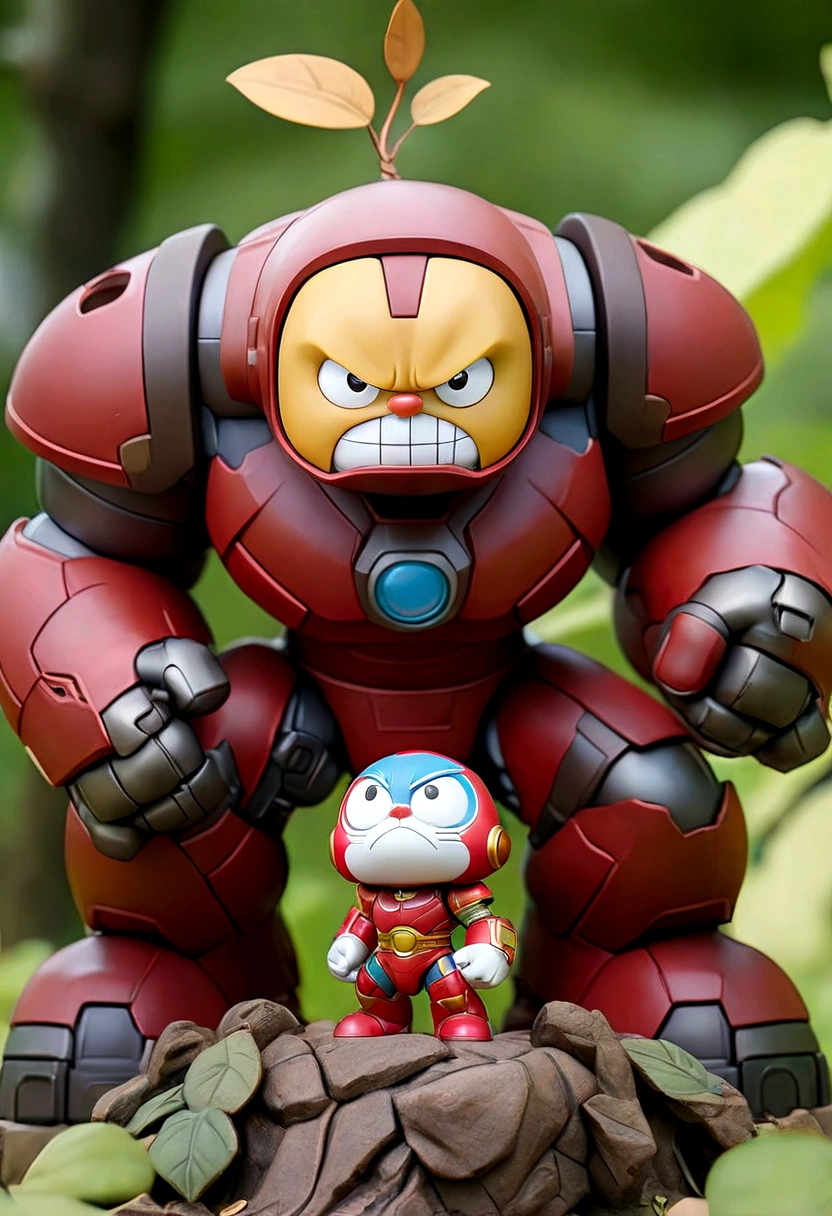 a small rusty hulkbuster x doraemon figure, wear dirty cloak, IN THE CITY PARK, black steel mecha accent, hero pose, bird eye view, holding a sword, dieter ram style, trees