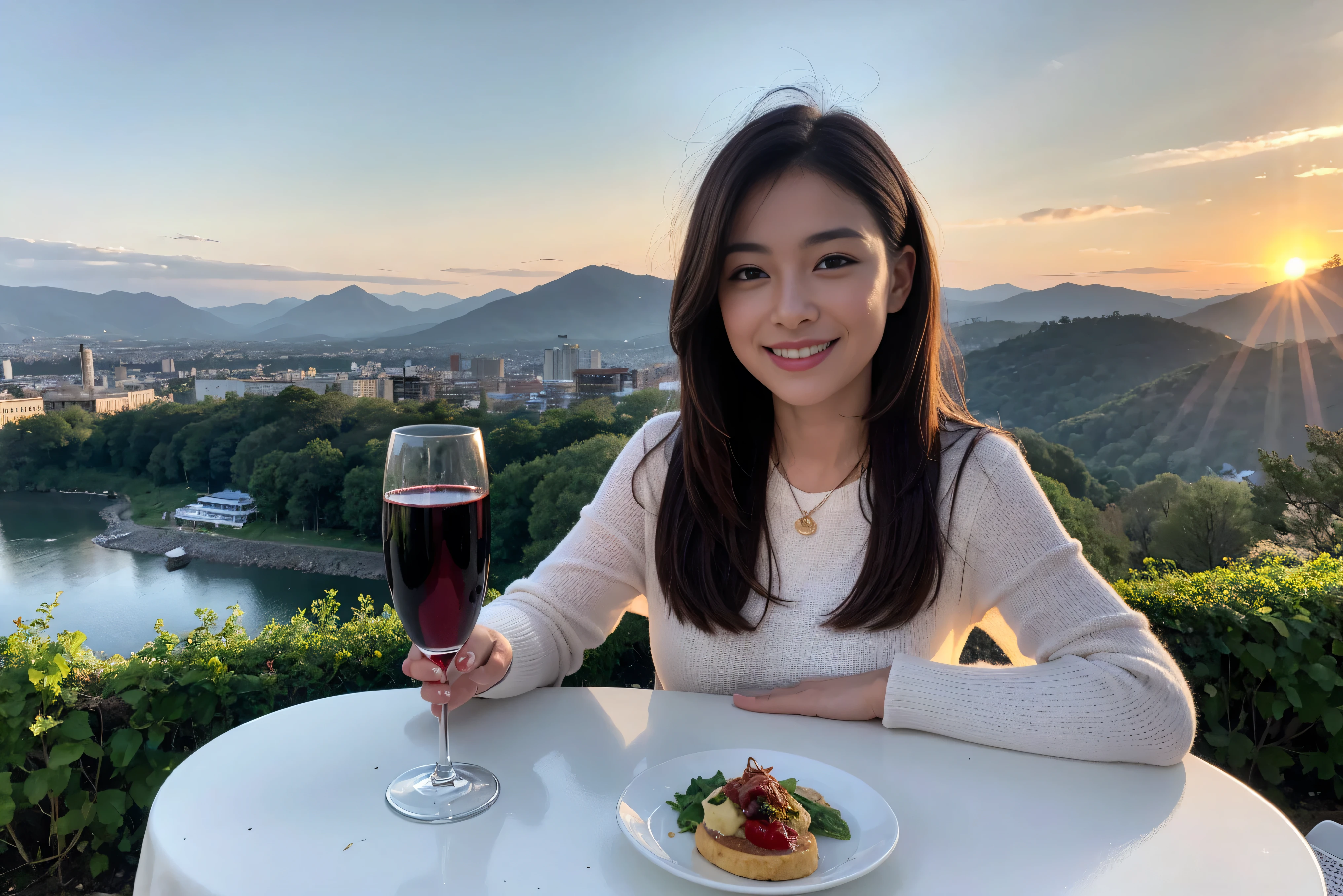 ((highest quality、8k、masterpiece:1.3))、1 male、1 female、Spouse、Beautiful couple、smile、 (Slim face), (the body is スリム), (Brown Hair), (Shortcuts), ((Bob Hale、Straight hair:1.2)), Wine glass on the table、Please shine a light on my face、 Amazing view of the sunset sky and clouds、Amazing mountain views、The beauty of a smile、Bright image、Blushing, Shortcuts,Bright Face、 (Age 35), 39 years old, red wine 、Appetizers、Italian food、Wine bottle、Champagne、sparkling wine、Long sleeve shirt、dress、Attractive beauty、restaurant, Nova Frog Style, actress, model, Upper Body, White wine, red wine, wine glass, 