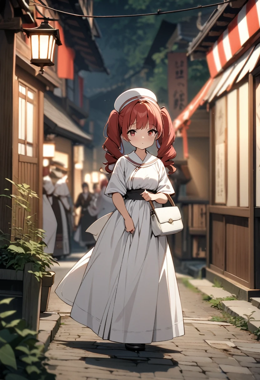 High quality, high definition, hig
h precision images,8k 1Girl、red hair,Twin tails,Red eyes.Walking through the streets of the Taisho era.White clothes and white hats from the Taisho era,I have a white bag.Taisho Roman atmosphere,ladylike pose