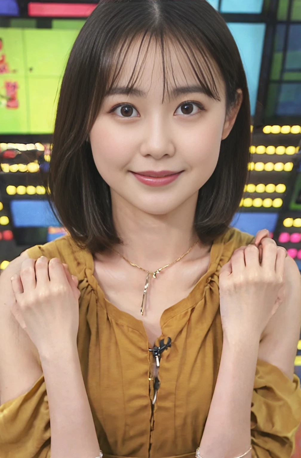 highest quality、Very detailed、High resolution、8k Perfect hair with attention to detail、Natural color lip, Random sexy poses,smile、24-year-old woman、(highest quality:1.3)、(masterpiece:1.3)、(Very detailed:1.3)、(One Woman:1.1)、(Detailed hands and fingers:1.2)、Very detailedな光沢のある肌:1.1、(Television Studio)、 smile、Medium Hair、(Are standing:1.2)、Full body pose、Large Breasts