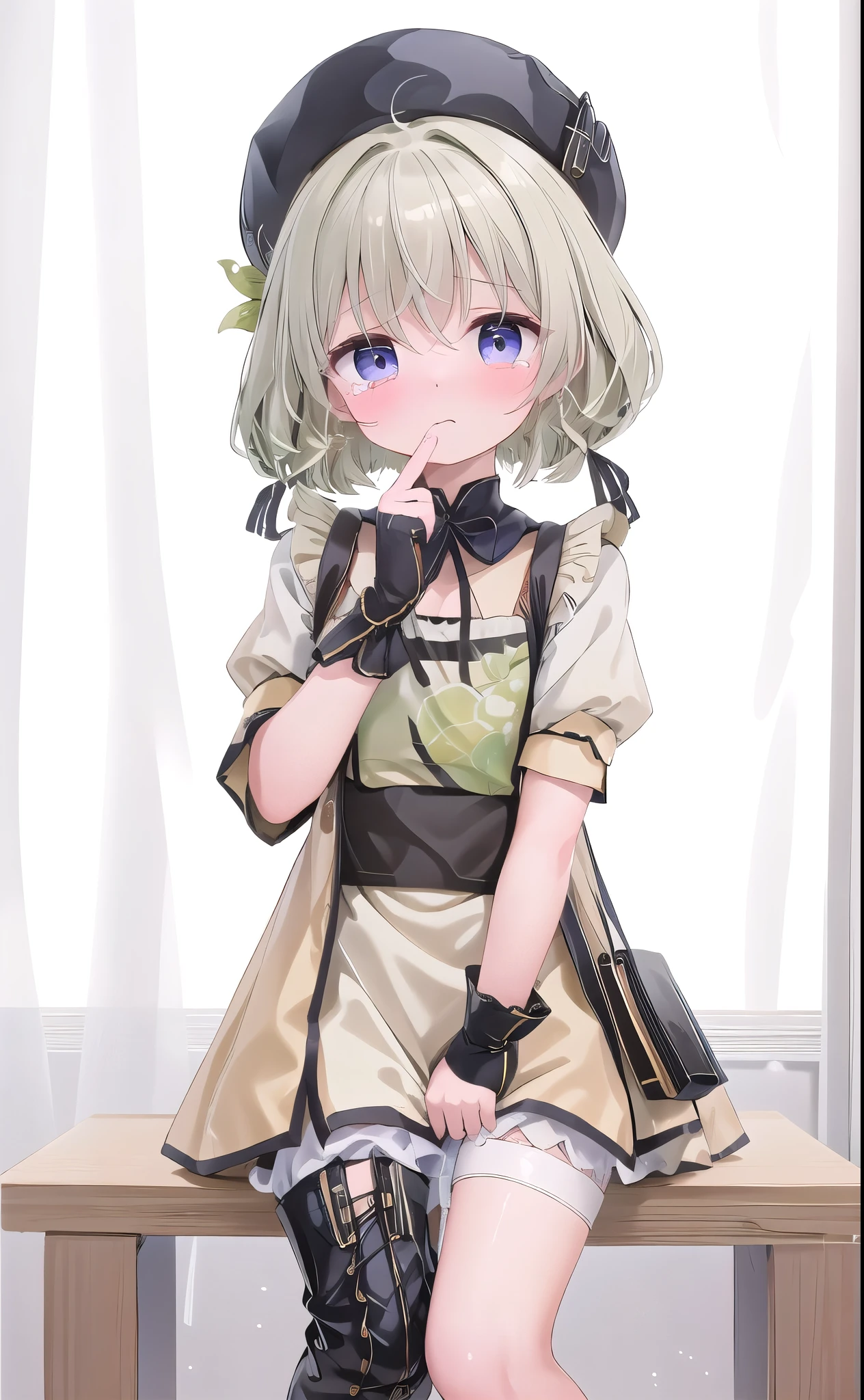 best quality,(Kawaii:1.1),(charming),(high resolution:1.2),Incredibly ridiculous resources:1.3,Incredibly beautiful illustrations,charming女性 ,Black pantyhose,Black lace-up boots,,教室场景教室场景classroom scene,,,((absurd)), ((on the table)), (best quality), (lens flare), (Super detailed), (Fair), ((cute girl)), solitary, Fair face, White skin, on the table, , , 、、 eternity, cry, , tears flow from eyes, The embarrassment comes from, blush), (girl is peeing: 1.2),, look away, sit, Awkward, blush, Mouth slightly open, classroom