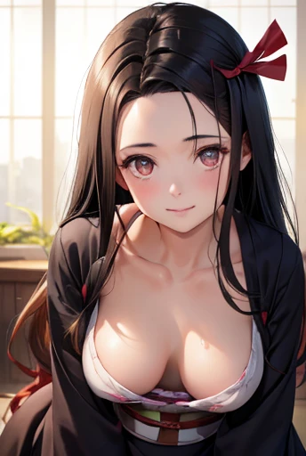 highest quality, masterpiece, Ultra-high resolution, (Realistic: 1.4), kamado nezuko, RAW Photos, 1 girl, kimono, Look at me, Close-up of face, The best smile, Heart Shiny Skin, Dramatic lighting, Give a heart gift, Lovely, Leaning forward, fine, cute, Valley, Highly detailed eye depiction, (詳細なcuteピンクの乳首の描写)