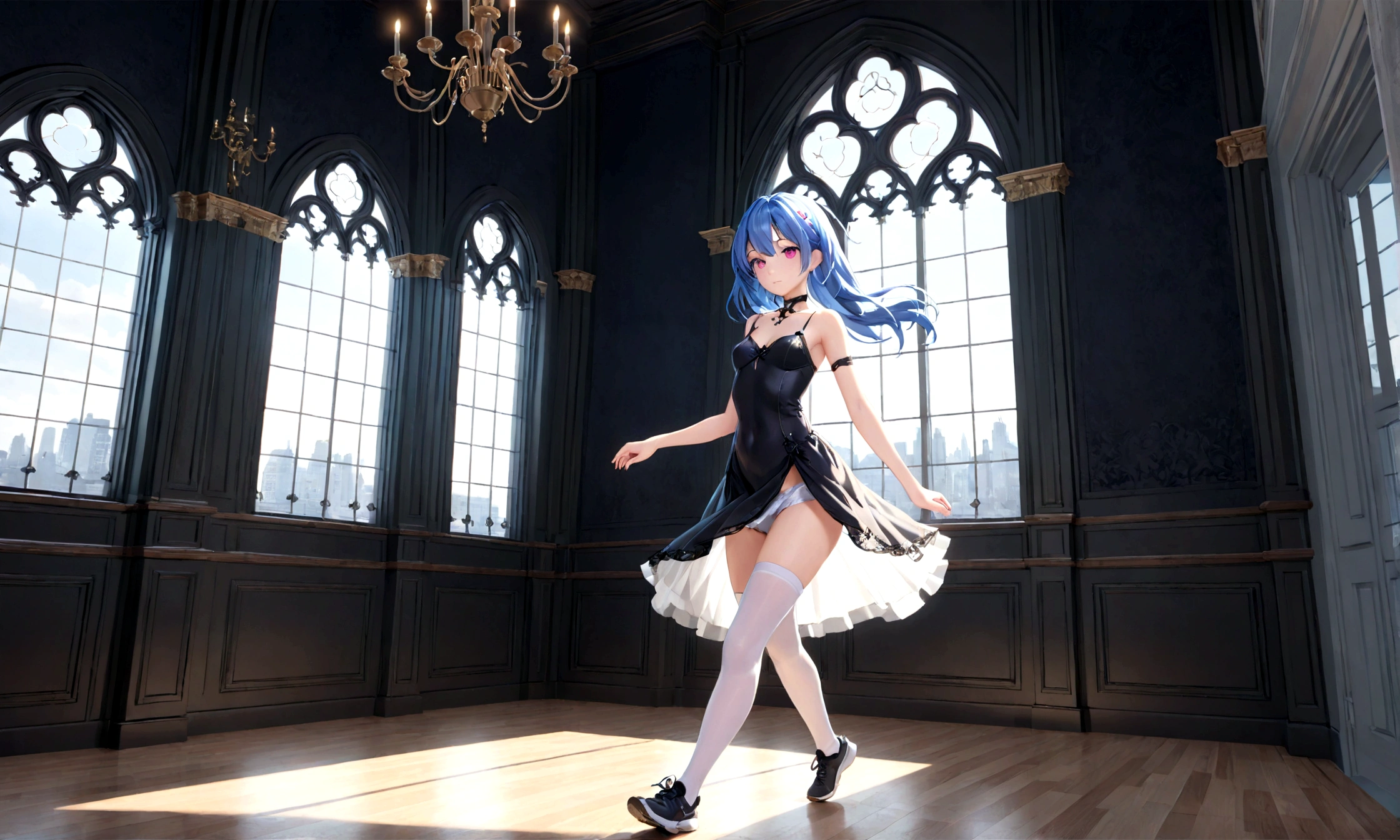 (mejor calidad, obra maestra:1.2), 1 chica, (((obra maestra))), (((cuerpo completo))), (((correr))), de primera calidad, de primera calidad, high details ray tracing ray tracing girl small breasts blue hair white pink eyes in dress Gothic short skirt white panties with long stockings in room anatomía prefecta excelente calidad 8k