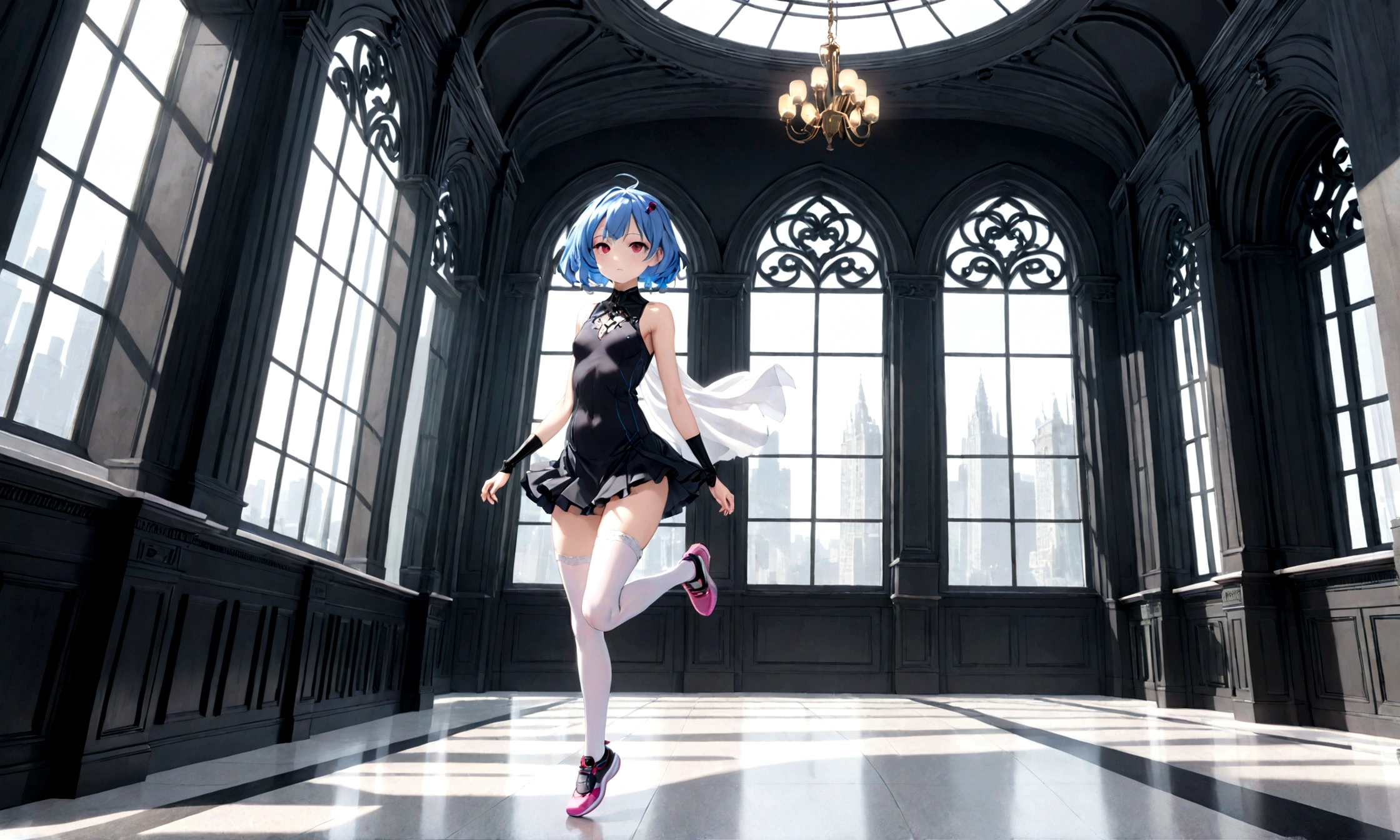 (mejor calidad, obra maestra:1.2), 1 chica, (((obra maestra))), (((cuerpo completo))), (((correr))), de primera calidad, de primera calidad, high details ray tracing ray tracing girl small breasts blue hair white pink eyes in dress Gothic short skirt white panties with long stockings in room anatomía prefecta excelente calidad 8k