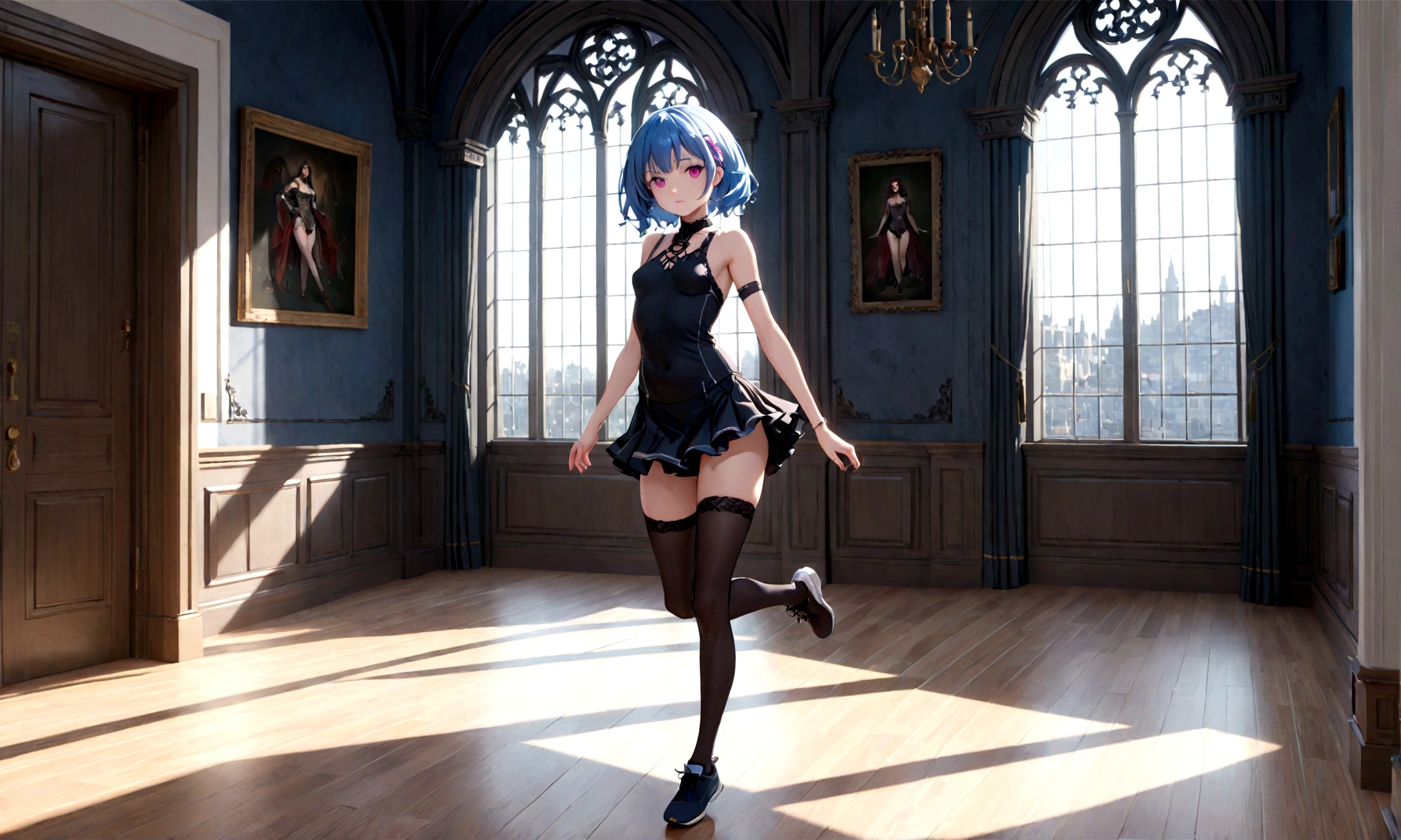 Masterpiece, best quality, 16k resolution, NVIDIA RTX Ray Tracing technology, Create a 4K resolution, ultra-realistic, and extremely detailed artwork, award winning, retina, soft light, sharp focus.(hyper-realistic:1.4) , (full body:1.5), from below
Rem from rezero, (remrin), blue hair, short hair, hair over one eye, blue eyes
white thighhighs, (stand in an open stance))、(from below:1.5), (Upskirt:1.5)
looking at viewer, strongly ashamed, embarrased, blushing, big breasts, cleavage, sexy
FULL BODY SHOT, ultra wide angle, textured skin, face detail, clean skin, perfect hands, perfect anatomy, anatomically correct