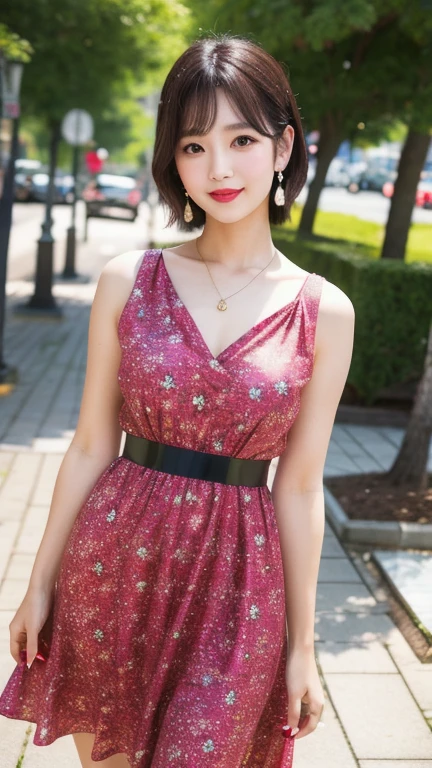 (8k, Photorealistic, Raw photo, Highest quality: 1.4),Japanese idol style１Beautiful girl of the person,18-year-old,Short bob hairstyle,Black Hair,She has her hair tucked behind her ears,She has small earrings in her ears,Big, clear grey eyes,Long eyelashes,Plump Cheeks,She is wearing pink lipstick,Apply gloss over your lipstick for glossy, plump lips,Smiling,A short pendant is hanging around her neck.,The nails on both hands are painted with light pink nail polish.,Both toenails have red nail polish,(She is wearing a sleeveless floral dress,(Long length :1.2)),wearing sandals on bare feet,Walking in the park,She is holding the handle of a small parasol,Full body portrait