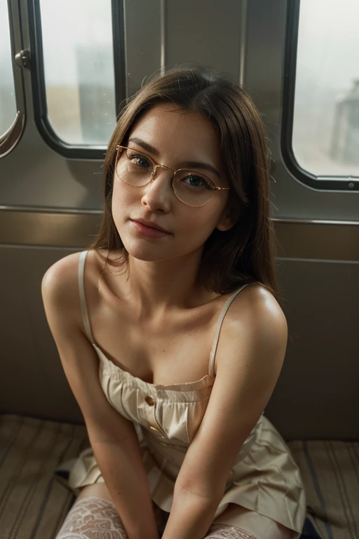 (Best quality, Ultra detailed, Golden ratio, Masterpiece:1.2), Theatrical lighting:0.7, Photo of a woman, dressed in a very elegant and pretty dress, Perfect rare face, (Highly detailed skin), randomly dyed hair, Hide your mouth with your hands、Ridicule, skin texture, Pale skin, shiny skin, (thin, large size:1.2), [:(Sharp focus on rare face, perfect eyes:1.2):0.2], photorealistic, film grain, Put one foot forward、from below looking up、look at camera、Emphasize the shoulders, Focus on face、Stockings、glasses、Smile with corners of mouth raised、disdainful expression, summer haze, muted colors, muted warm colors, Photo cinematic portrait of a woman dressed in a striped dress sitting by the window in the early morning, cinematic, (tilted:1.3) (on an old train) look cautious, standing under a spotlight, volumetric dust clouds, key light, backlight, soft natural lighting, photography Film grain ISO 400 30 mm lens RAW f1.8 aperture, highly detailed (analog photography:1), colors hdr