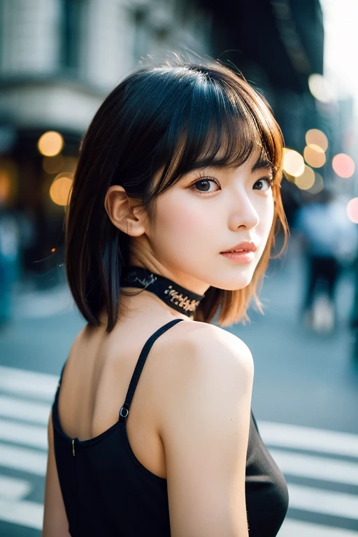 Analog Style, RAWphotograph, photograph, Hyperrealistic, amateur photo shot , On the city streets, Detailed skin, detailed natural raw light, Very detailedな, Cinematic, highest quality, Super detailed, Very detailed, grain, noise、A boyish and healthy beautiful girl、20 year old beauty、short hair、choker、Garter Stockings