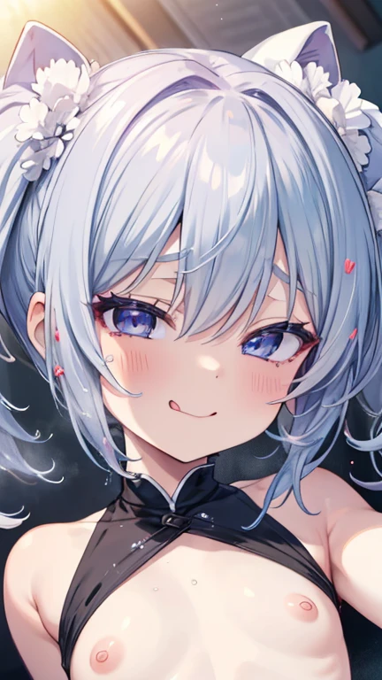 (8k、Best image quality、highest quality、masterpiece)、Detailed face、((One ))、mesugaki、Gray Hair、Short pigtails、Blue eyes、Small breasts、Squirting、Sticking out tongue、Full Body Focus、Completely naked、Cowgirl Sex、Squirting、Ahegao、Cramp、Ecstasy face