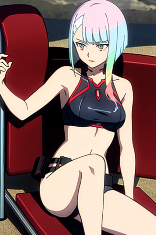 ((Best quality)),((very detailed)),masterpiece,absurdity,detailed face,Beautiful face,(Detailed eyes, deep eyes),1 Girl,((dynamic pose)) , mature face, Lucy, multicolored hair, One, black bra, black swimsuit, sexuality, bang, short hair, draw up, bare shoulders, naked body,  on the beach, Sun, wound, сидит на sun loungerе, sun lounger, раздвигая breast, breast, red Eyeliner, Red lips, different colored eyes,  black купальник, Long legs, from the outside, cyberpunk, closed mouth, parted bang, gradient hair, medium breast, Eyeliner, Body,  pomade, green hair, thigh vent, cyborg, standing, looking away, blunt bang, pale skin, belt, I look at the viewer, 