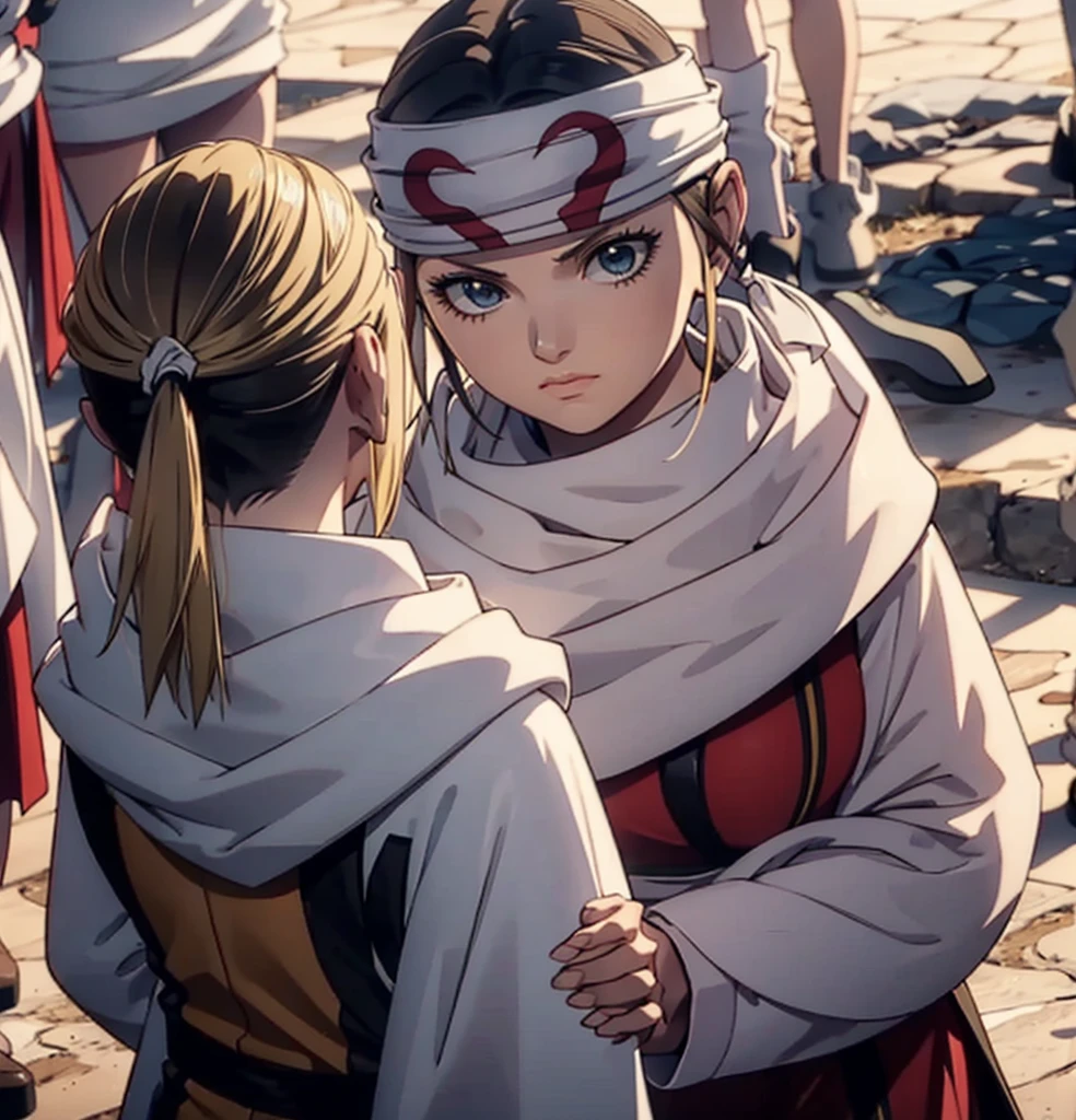 blonde、2girls holding hands 、bob cut hair 、guarding 、 cowl headband unfriendly look