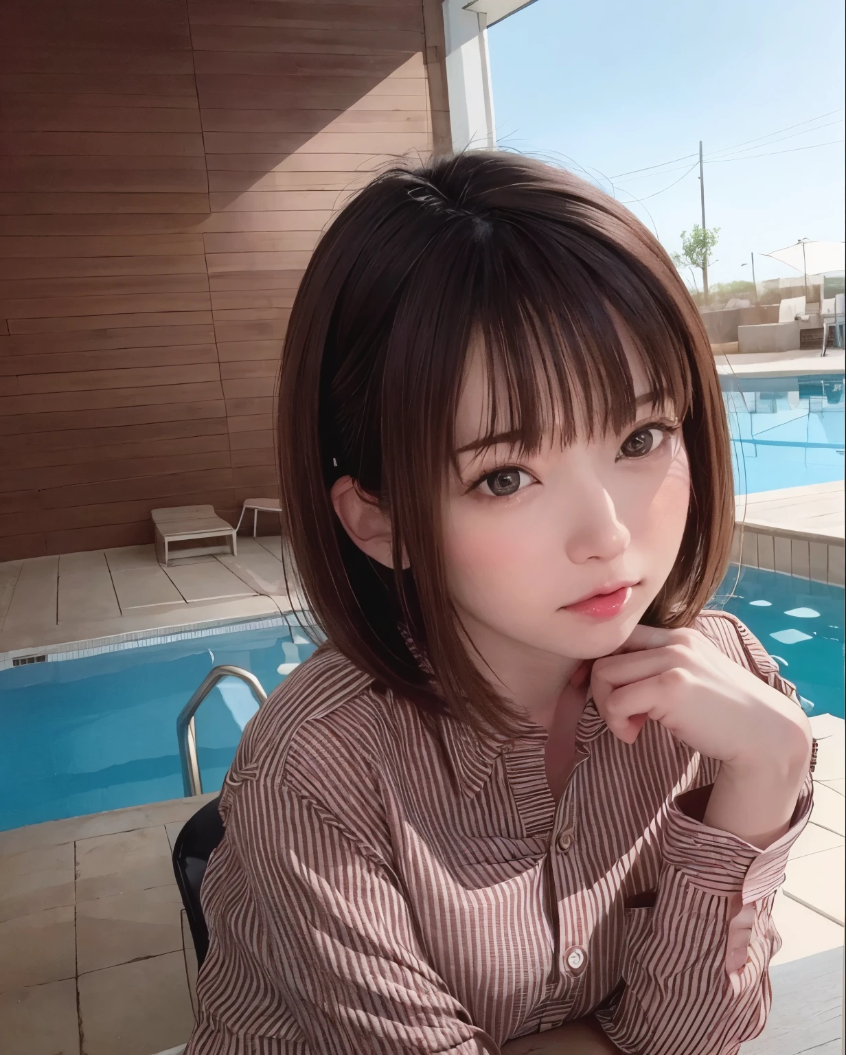 Purelos Face_v1, highest quality, Realistic, 8k, High resolution, Full Color, One girl, woman, 20 years old woman, (Mouth closed:1.33), (Portraiture:0.6), wood, Dawn, ((Poolside Background:1.52)), Full Color, ((Buttoned shirt:1.88)), View Viewer:1.8, (One girl eyes View Viewer:1.55), (Medium Hair, Brown Hair, Parted bangs:1.35), (Bokeh),