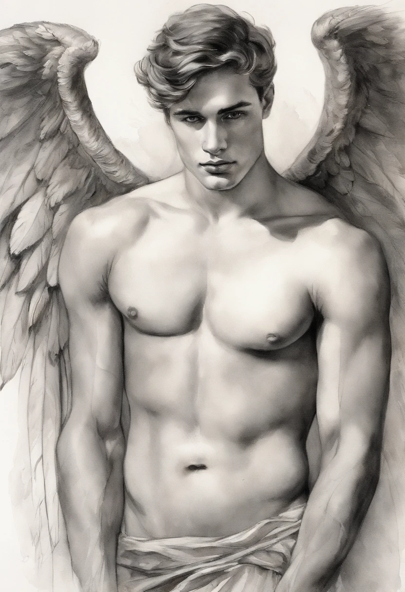 A zoomed in view of a handsome and sexy young man with angel wings , capturado em cores , his eyes looking directly at the viewer with an intense expression, his features etched with a sense of mystery and allure, cercado por tufos de neblina, adding an ethereal touch, Escultura, Homen sexy Bonito atletico beleza italiana angelical com asas e plumas . Aquarela tinta pintura. Textura de tintas aquarela pingos e respingos de tinta. Corpo inteiro nu pelado, penis wake. Male sexy nude. Male hot underwear
sexy . xxx EROTIC. EROTICA.