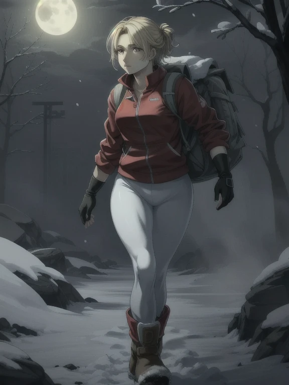 ((Best quality)), ((Masterpiece)), (detailed), (4K quality), (Detailed face:1.2), (Detailed eyes:1.2), (Perfect figure:1.2), 1girl, UDSam, solo, short hair, blonde hair, (Wearing: Red jacket, white leggings, fingerless gloves, snow boots and backpack:1.3), spooky lighting with lot of fog, foggy and snowing weather snowy, blizzard, in a forest, night time with huge white moon, upper body shot, night time ambiance, expressive eyes, detailed shadows, walking, detailed background. She's looking into the camera with a worried and determined feeling. This is a masterpiece that exudes exceptional quality. The illustration is ultra-detailed, Using HDR technology to create a sense of depth. Tone is isolation, gloomy, and anxiety driven, Full of horror elements.
