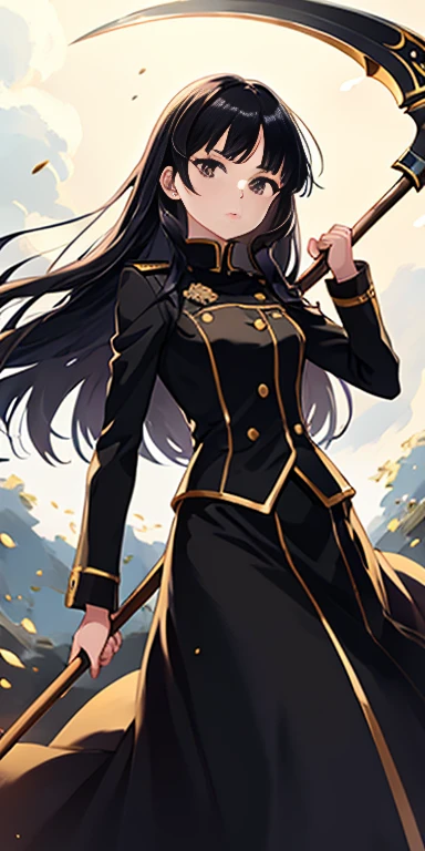anime girl, all black uniform, gold buttons, long skirt, long black hair with bangs, black eyes, beautiful, small breasts, stoic, slender, calm, gold lines on skirt intricate, wind blowing in hair, fighting with scythe