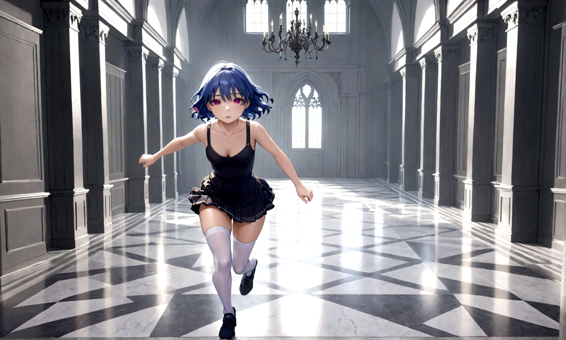(mejor calidad, obra maestra:1.2), 1 chica, (((obra maestra))), (((cuerpo completo))), (((correr))), de primera calidad, de primera calidad, high details ray tracing ray tracing girl small breasts blue hair white pink eyes in dress Gothic short skirt white panties with long stockings in room anatomía prefecta excelente calidad 8k