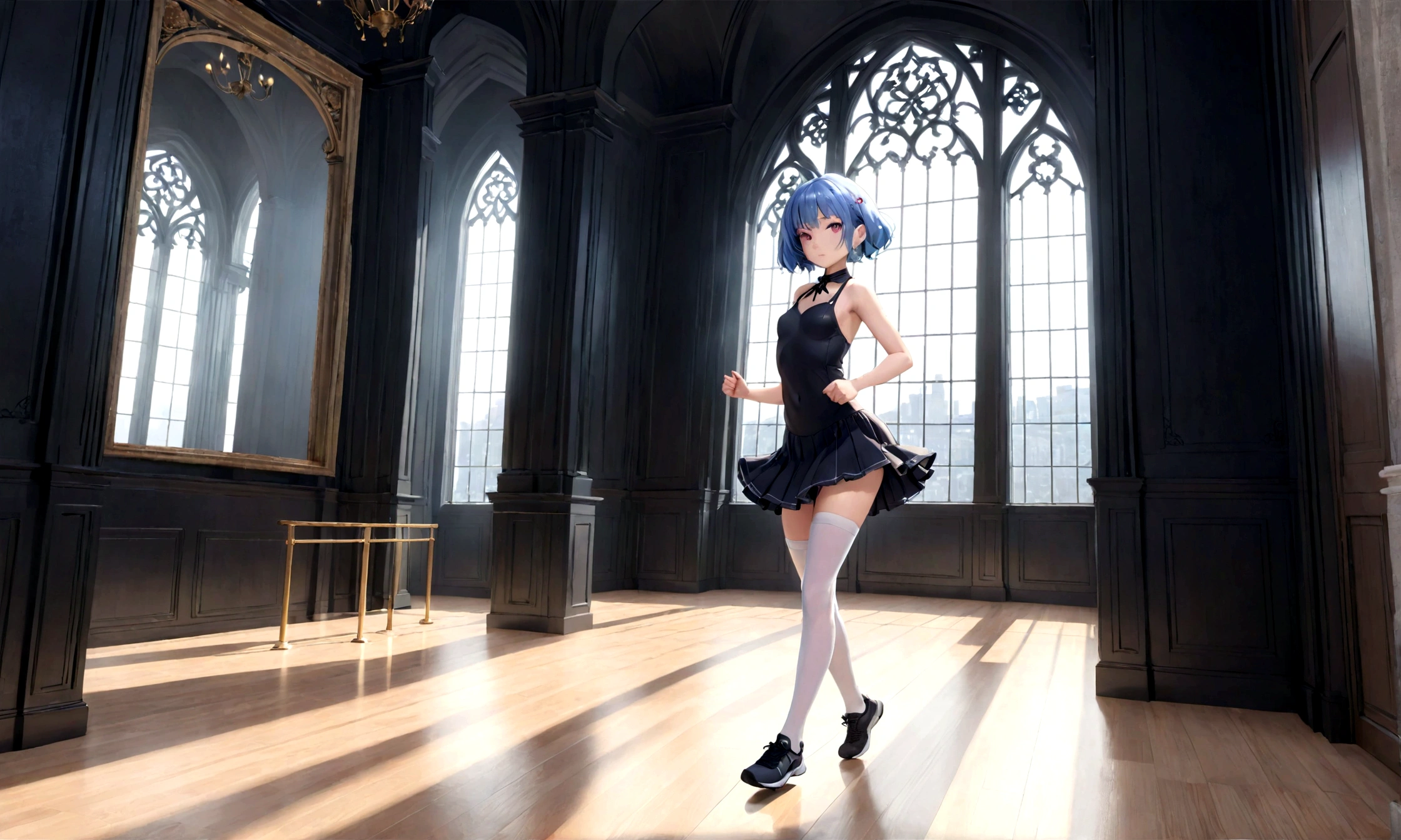 (mejor calidad, obra maestra:1.2), 1 chica, (((obra maestra))), (((cuerpo completo))), (((correr))), de primera calidad, de primera calidad, high details ray tracing ray tracing girl small breasts blue hair white pink eyes in dress Gothic short skirt white panties with long stockings in room anatomía prefecta excelente calidad 8k
