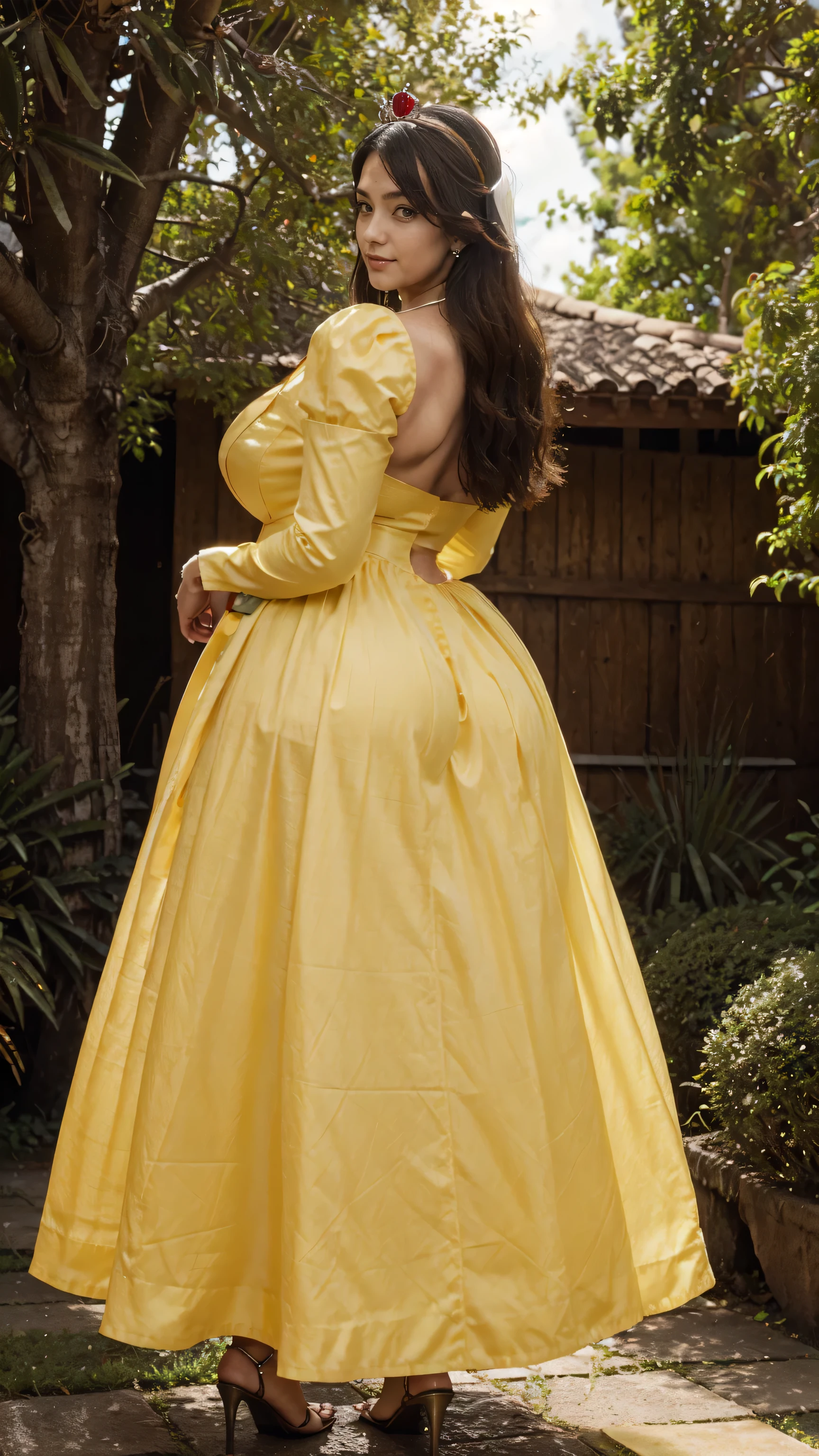high quality,8K,high resolution, house wife pov from behind,1 personality,tall,realistic texture,Much Muchi,cute smile,one hand on back head,(Plump body 8),(beautiful princess Cinderella, yellow long frock)(cotton or silk designe),(Cinderella frock)(Muchimuchi body 8),(newyork building or garden litchi tree scenery),colorful, beautiful Ruby detailed crown headwear