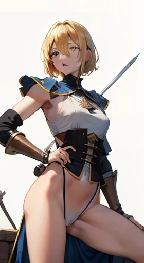 ,perfection ,Don quixote \(Limbus\, naked、Blonde Hair, short hair, Hair between the eyes, Orange eyes, She straddles the bayonet、(Medieval European Musketeers )、Hello