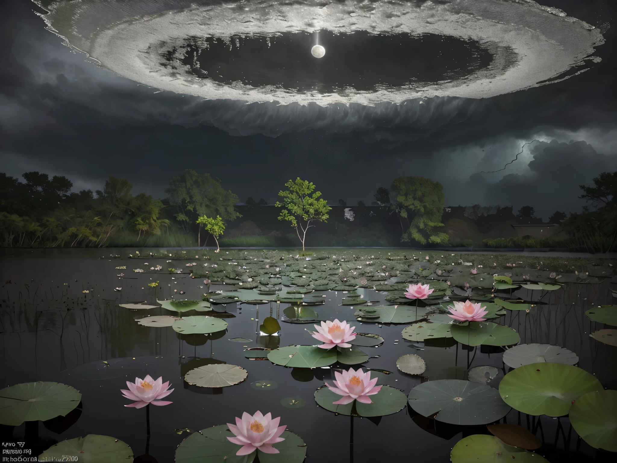 In the midst of a violent storm, the moonlight dances on a lotus pond with exquisite detail. The interplay of light and shade creates a hyper-realistic masterpiece, a winning artwork of the best quality. This high resolution image, rendered in 16k, captures the serene beauty of the lotus pond amid the chaos of the storm. The delicate petals and shimmering water are so vivid, one can almost feel the gentle breeze rustling through the scene. This photograph is a true work of art that immerses viewers in its stunning clarity and lifelike depiction.