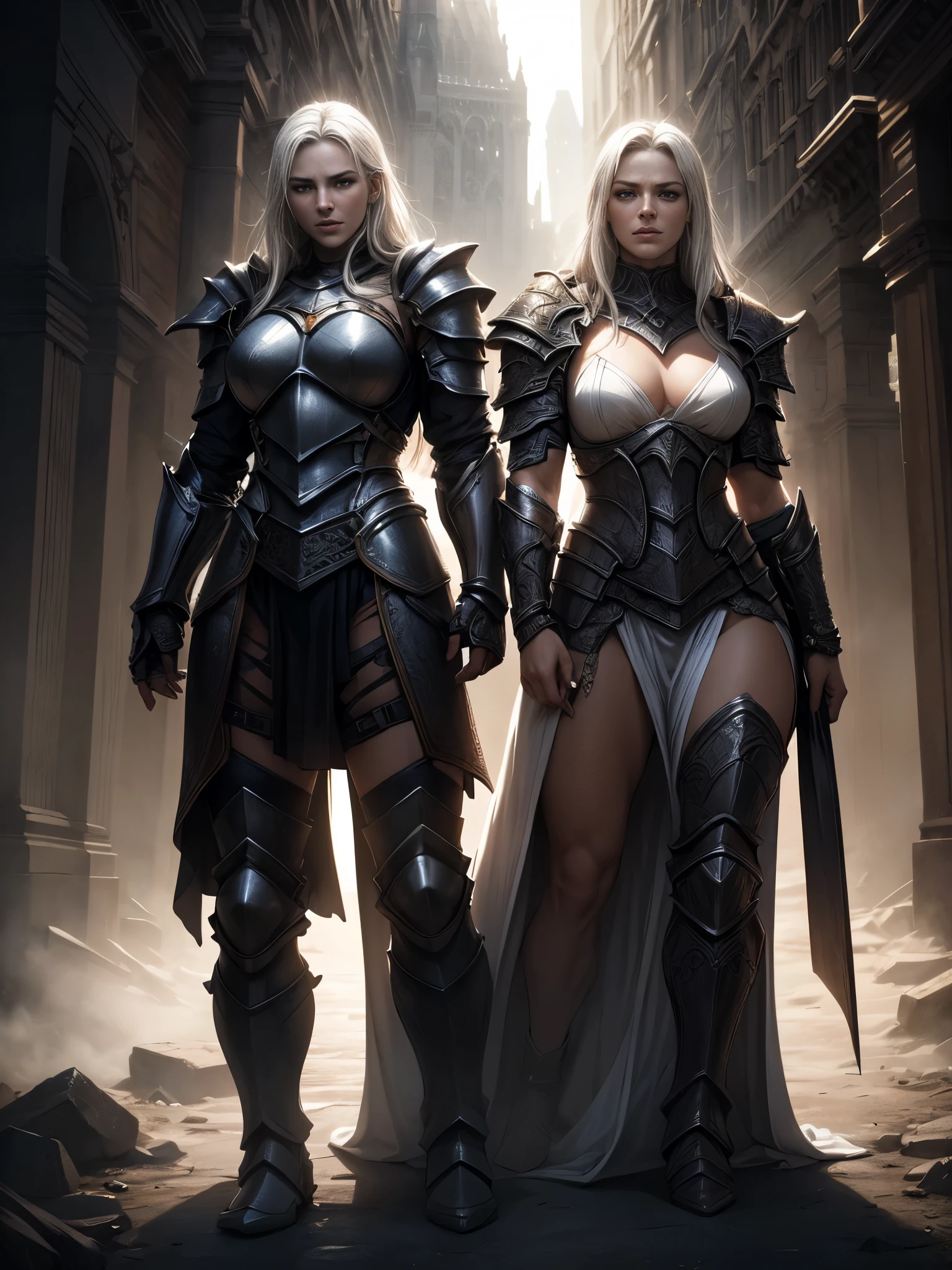 2 tall and sexy women in Amazon style, wearing long royal dresses, parts of armor, ((black hair, white hair)), intricate details, dramatic lighting, fantasy, high quality, 8k, detailed, photorealistic, hyper detailed, masterpiece, cinematic, dramatic, epic scale, dramatic shadows, warm color tones