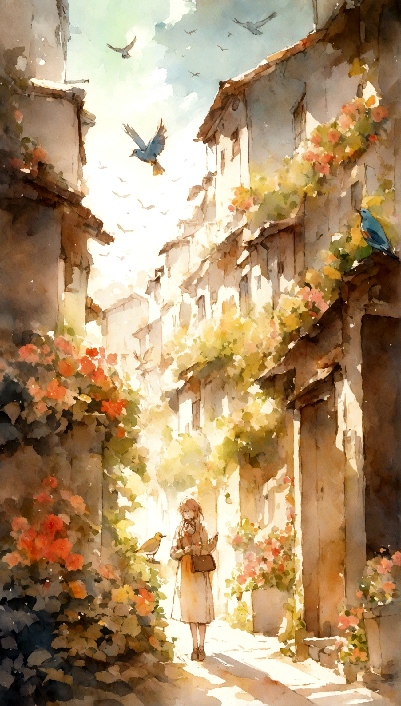 Flowers and birds, sketching, Watercolor color.