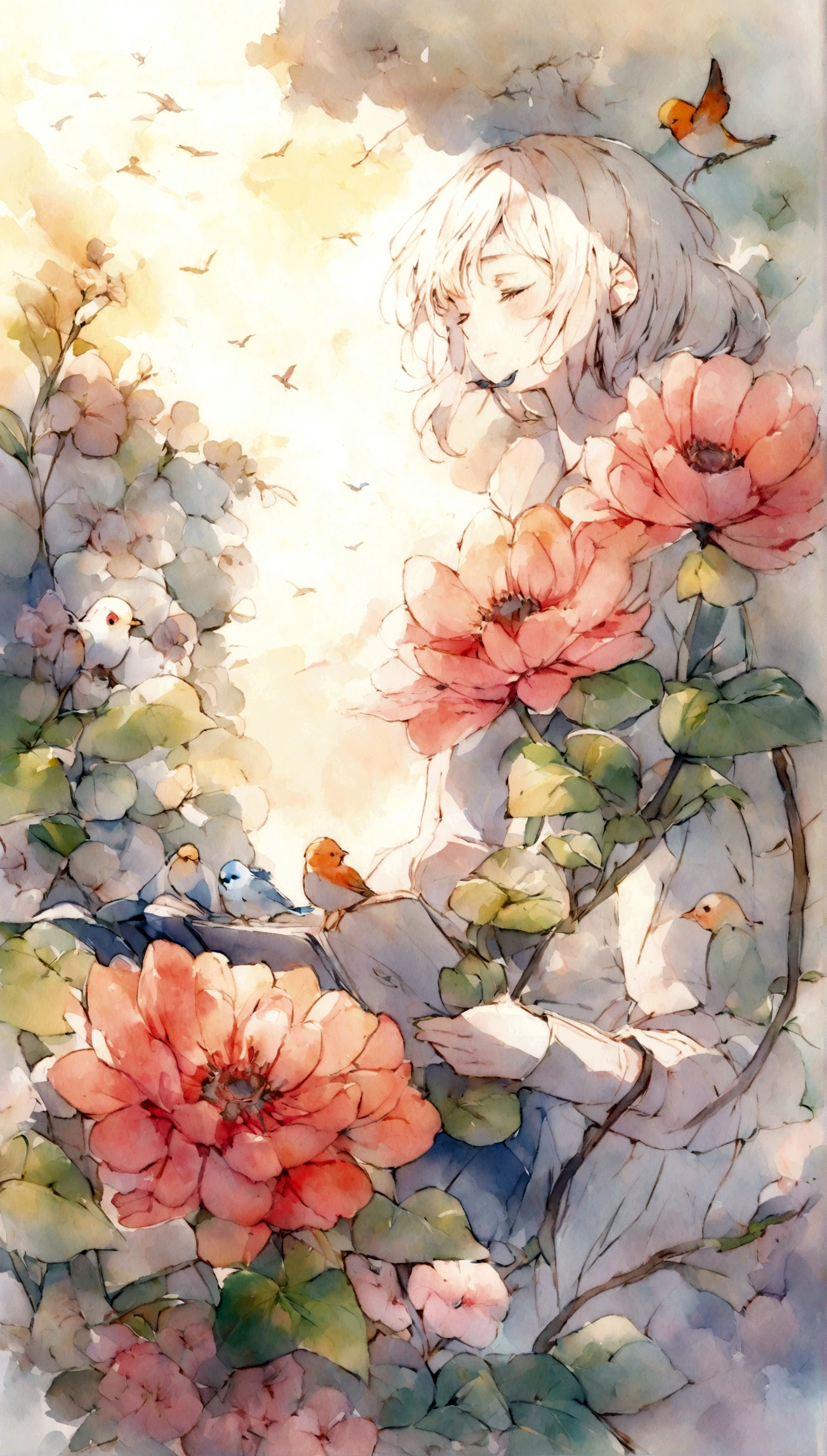 Flowers and birds, sketching, Watercolor color.