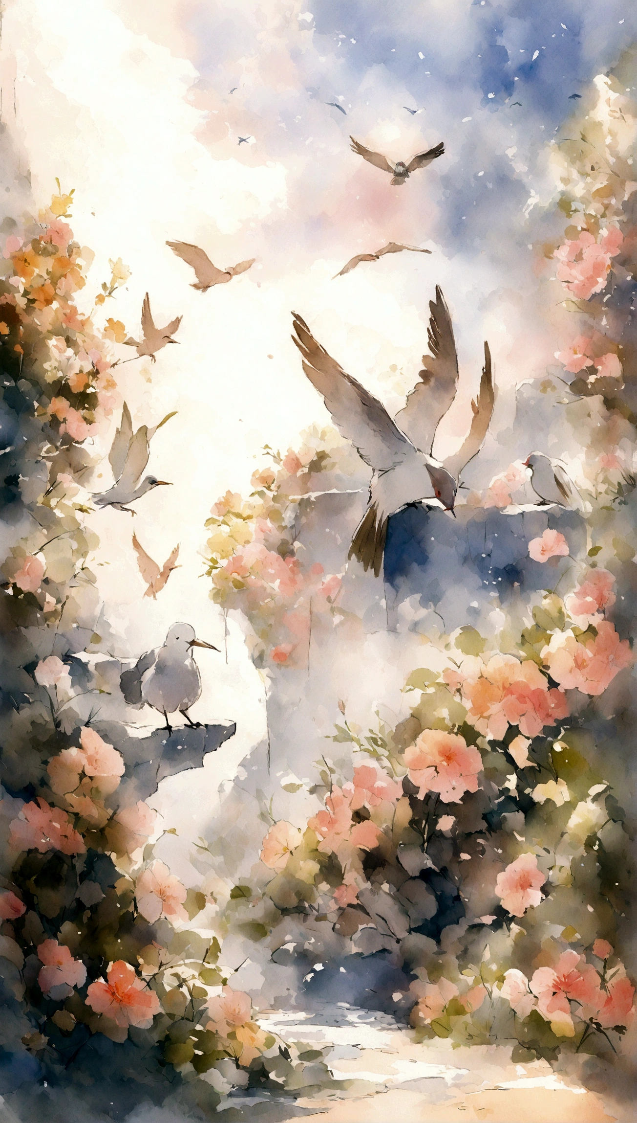 Flowers and birds, sketching, Watercolor color.