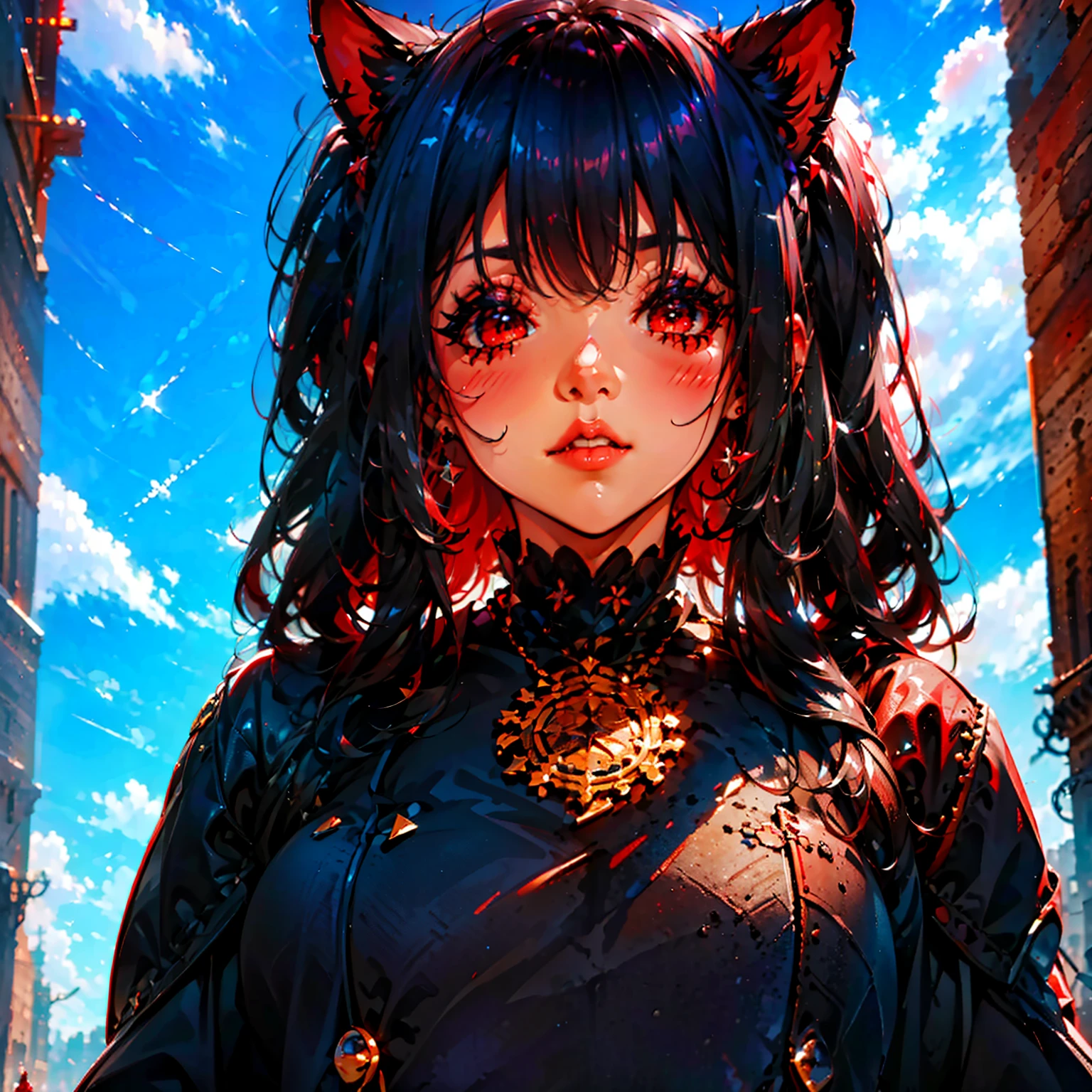 (absurdos, high resolution, ultra detallado),(obra maestra, mejor calidad:1.2),1 chica, (junkotvv pelo negro con flequillo, orejas de gato, ojos rojos), vistiendo un abrigo negro azabache con piel, usando gafas de sol, ciudad, Asombroso, arte absolutamente impresionante,pelo blanco,ojos rojos y morados, mitad del viaje,close up photography,cabello mediano.