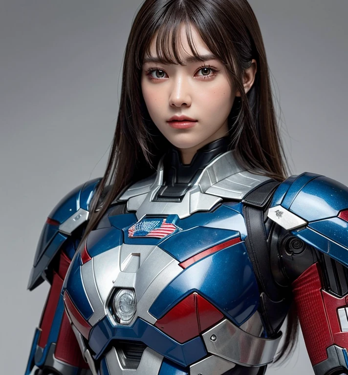Textured skin, Super Detail, high details, High quality, Best Quality, hight resolution, 1080p, hard disk, Beautiful,(Iron Patriot),beautiful cyborg woman,Mecha Cyborg Girl,Battle Mode,Girl with a Mecha Body,She wears a futuristic Iron Patriot mech,Fulll body Shot