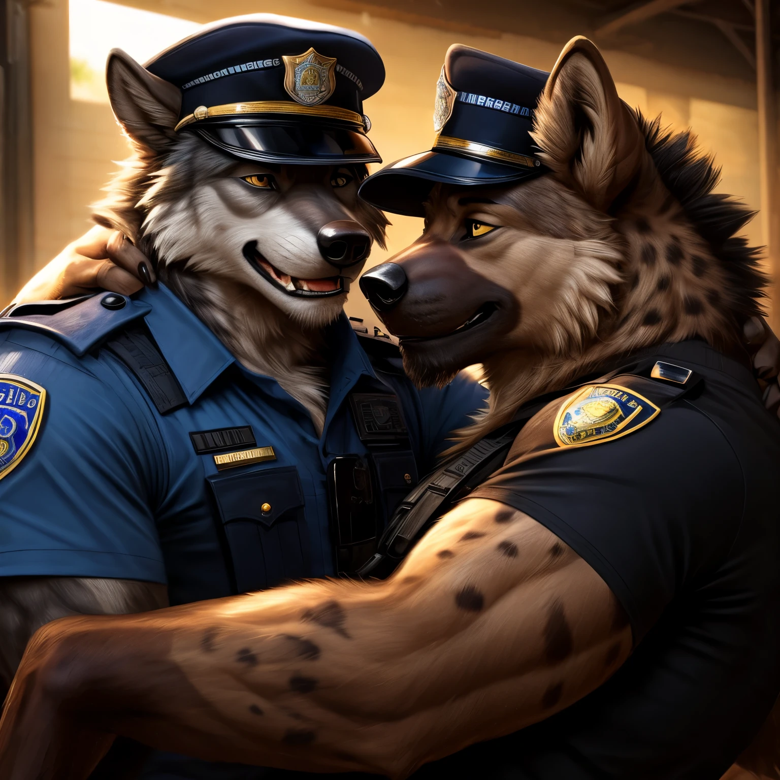 (two male) male wolf, only police hat, only black shorts, sweating, realistic, smile. male hyena. sweating, realistic, smile, only black shorts,