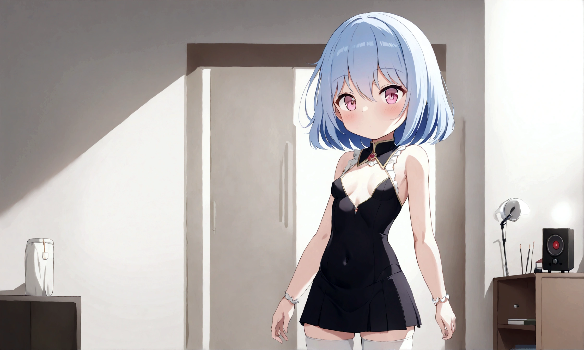 (mejor calidad, obra maestra:1.2), 1 chica, (((obra maestra))), (((cuerpo completo))), (((correr))), de primera calidad, de primera calidad, high details ray tracing ray tracing girl small breasts blue hair white pink eyes in dress Gothic short skirt white panties with long stockings in room anatomía prefecta excelente calidad 8k