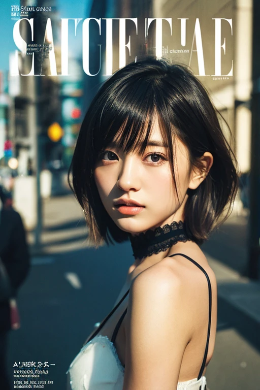 Analog Style, RAWphotograph, photograph, Hyperrealistic, amateur photo shot , Aesthetic artwork, Magazine Cover, On the city streets, Detailed skin, detailed natural raw light, Very detailedな, Cinematic, highest quality, Super detailed, Very detailed, grain, noise、A boyish and healthy beautiful girl, Beautiful Eyes, Realistic eyes, Beautiful details in the eyes, (Realistic Skin),Japanese beautiful girl、short hair、choker、Garter Stockings