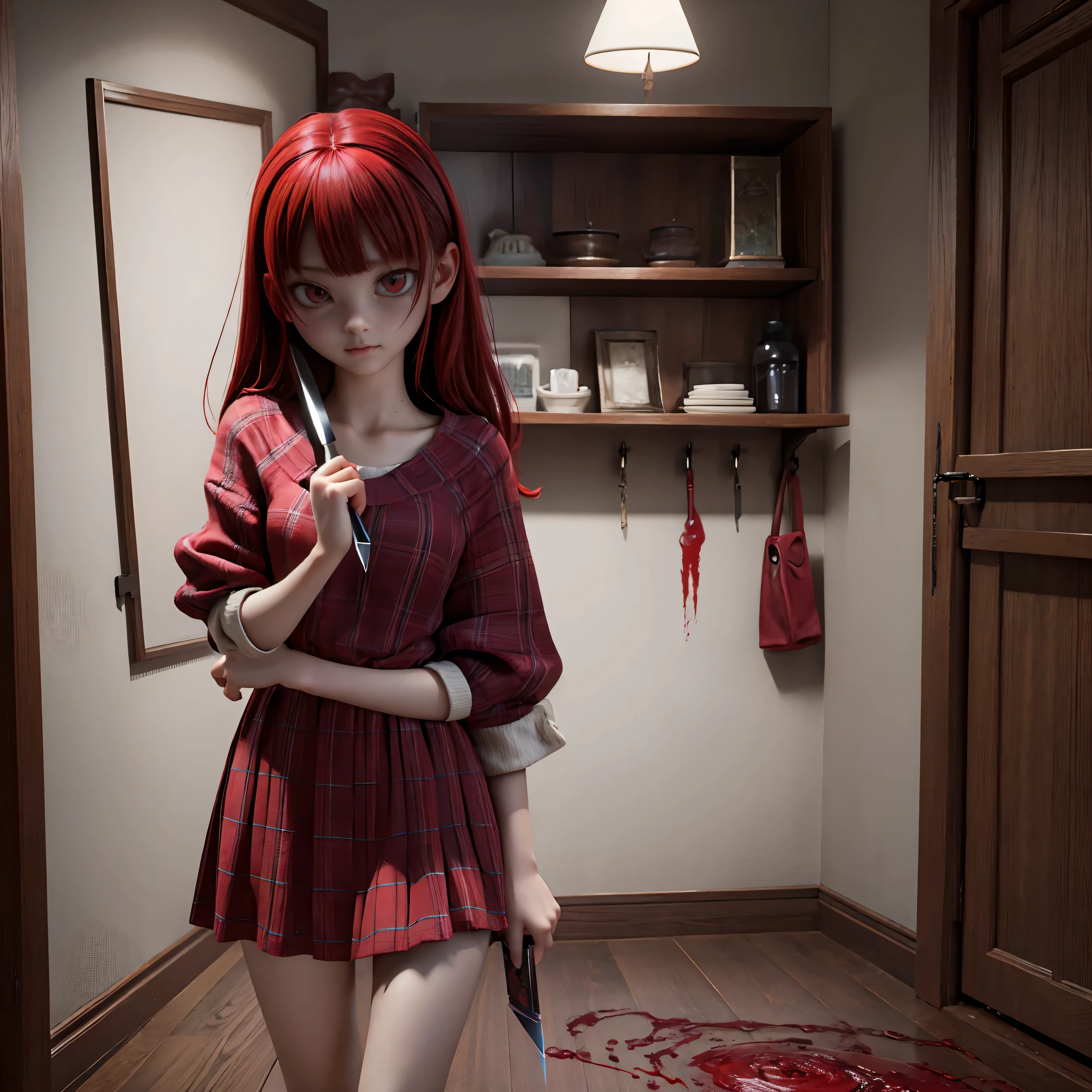 Cute red-eyed girl holding a knife、In front of the entrance、Ultra-high resolution、3DCG、Psychological horror、Blood、The sharpest